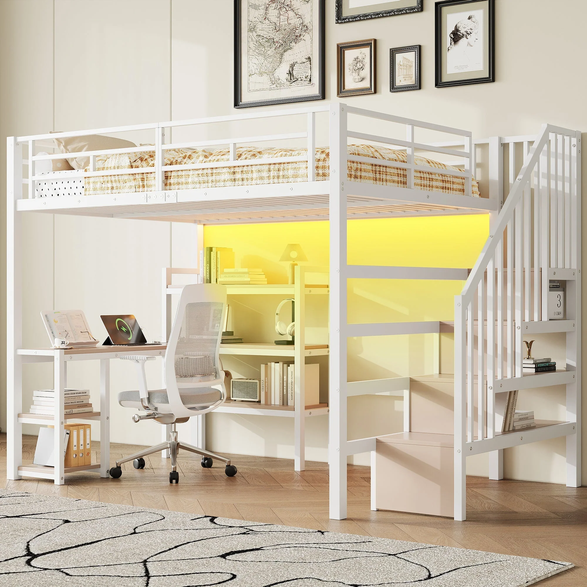 Metal Loft Bed with Stairs, Desk, Storage, USB and LED, 140x200cm, White - Image 2