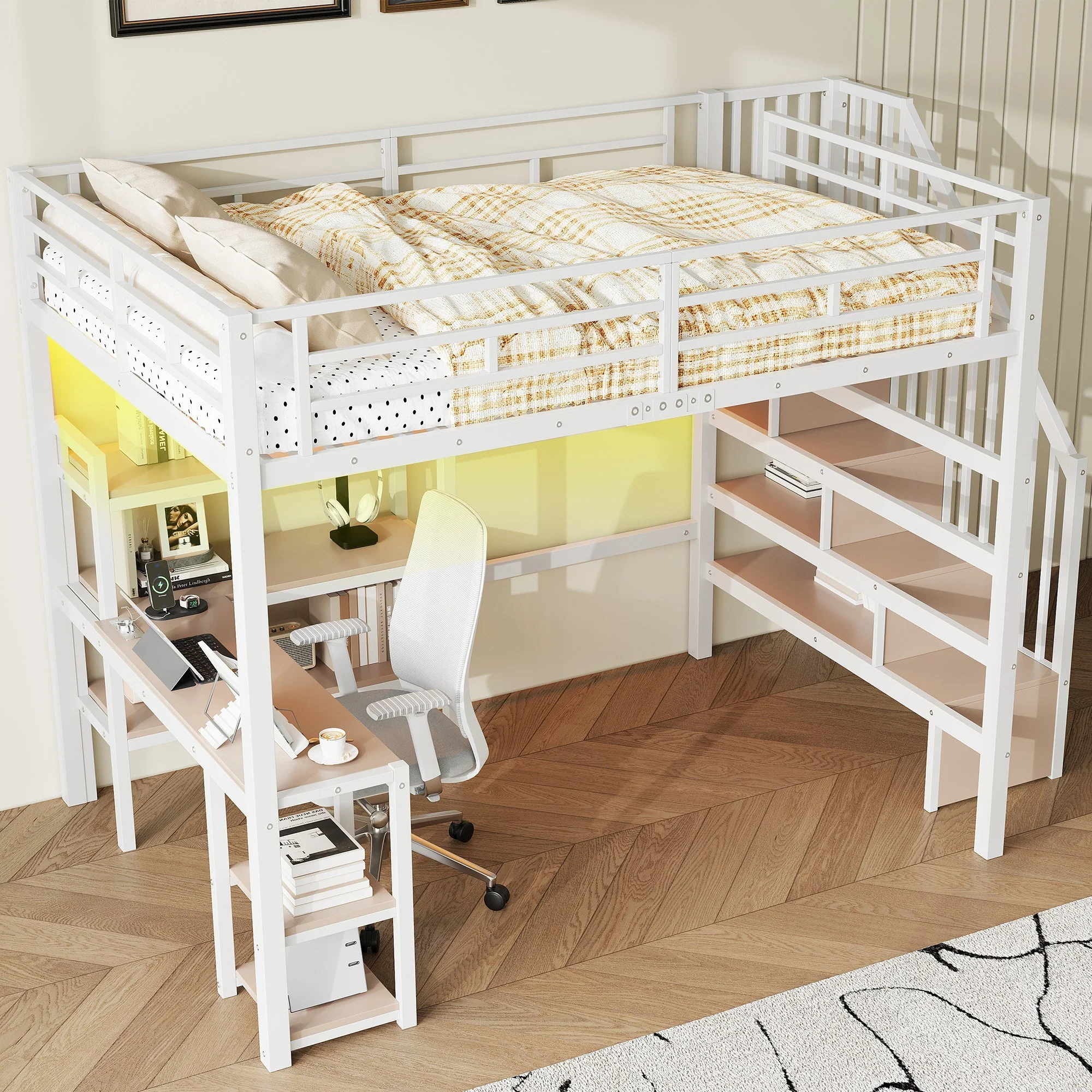 Metal Loft Bed with Stairs, Desk, Storage, USB and LED, 140x200cm, White - Image 4