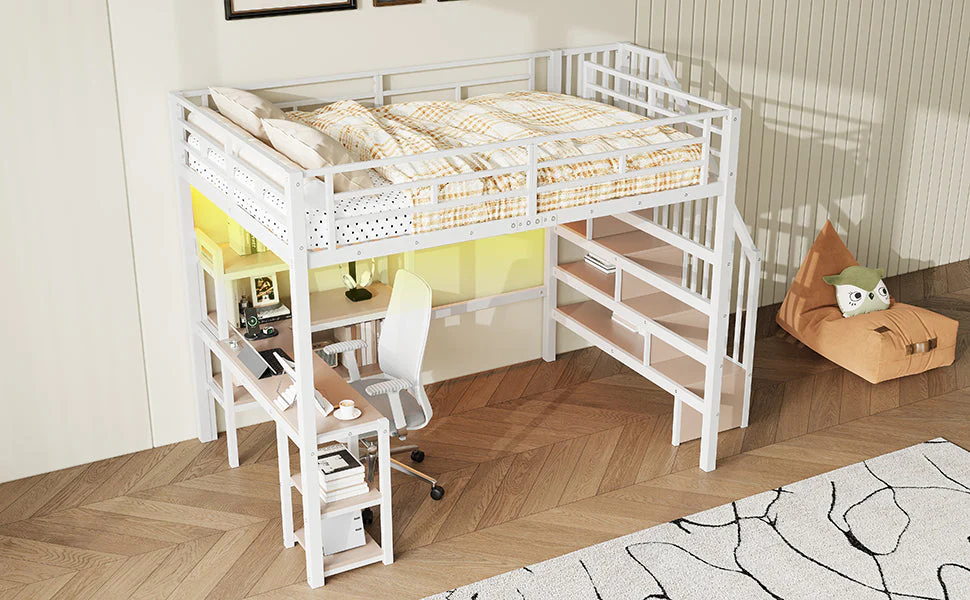 Metal Loft Bed with Stairs, Desk, Storage, USB and LED, 140x200cm, White - Image 7