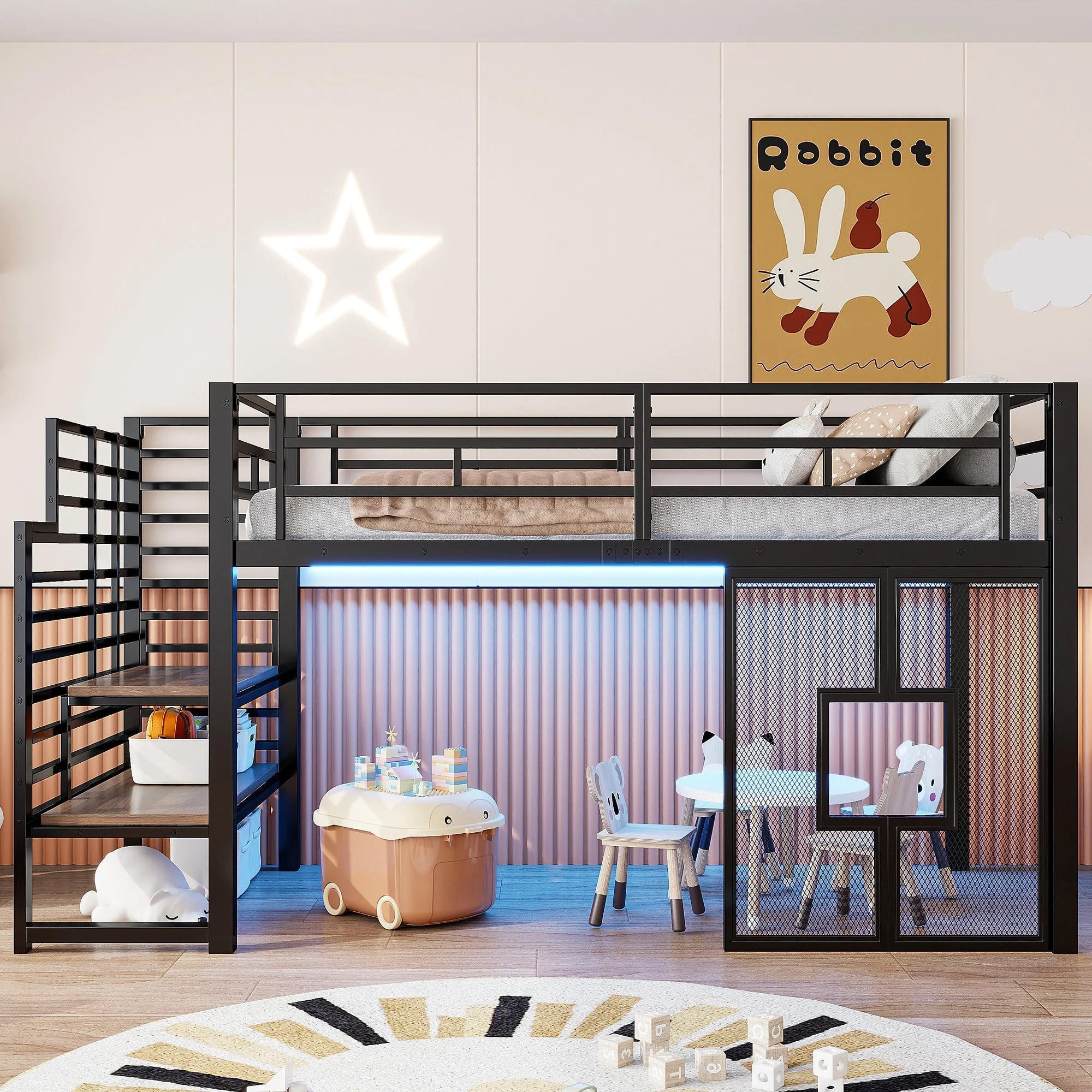 Metal Loft Bed with Stairs, Storage, LED Lighting and Windows, 90x200 cm, Black - Image 3
