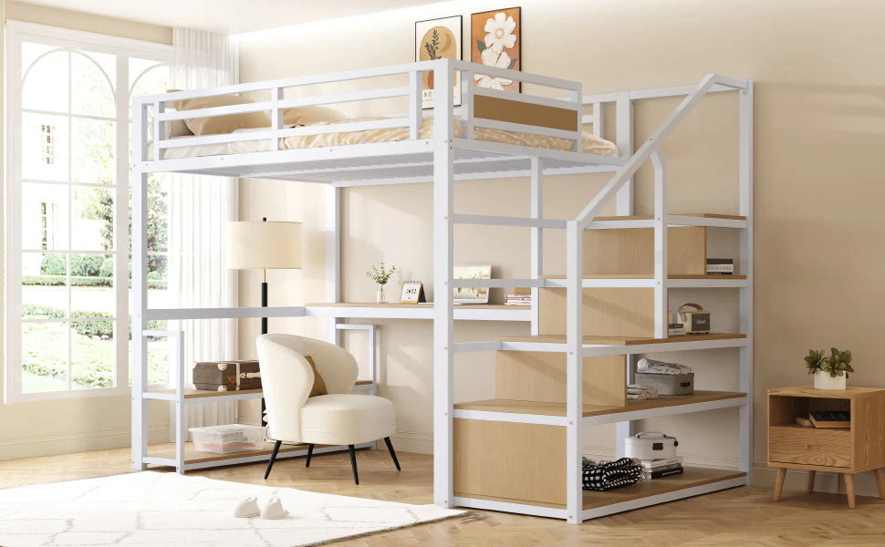 Metal Loft Bed with Storage Ladder, Shelves and Table, 140x200cm, White Metal - Image 5