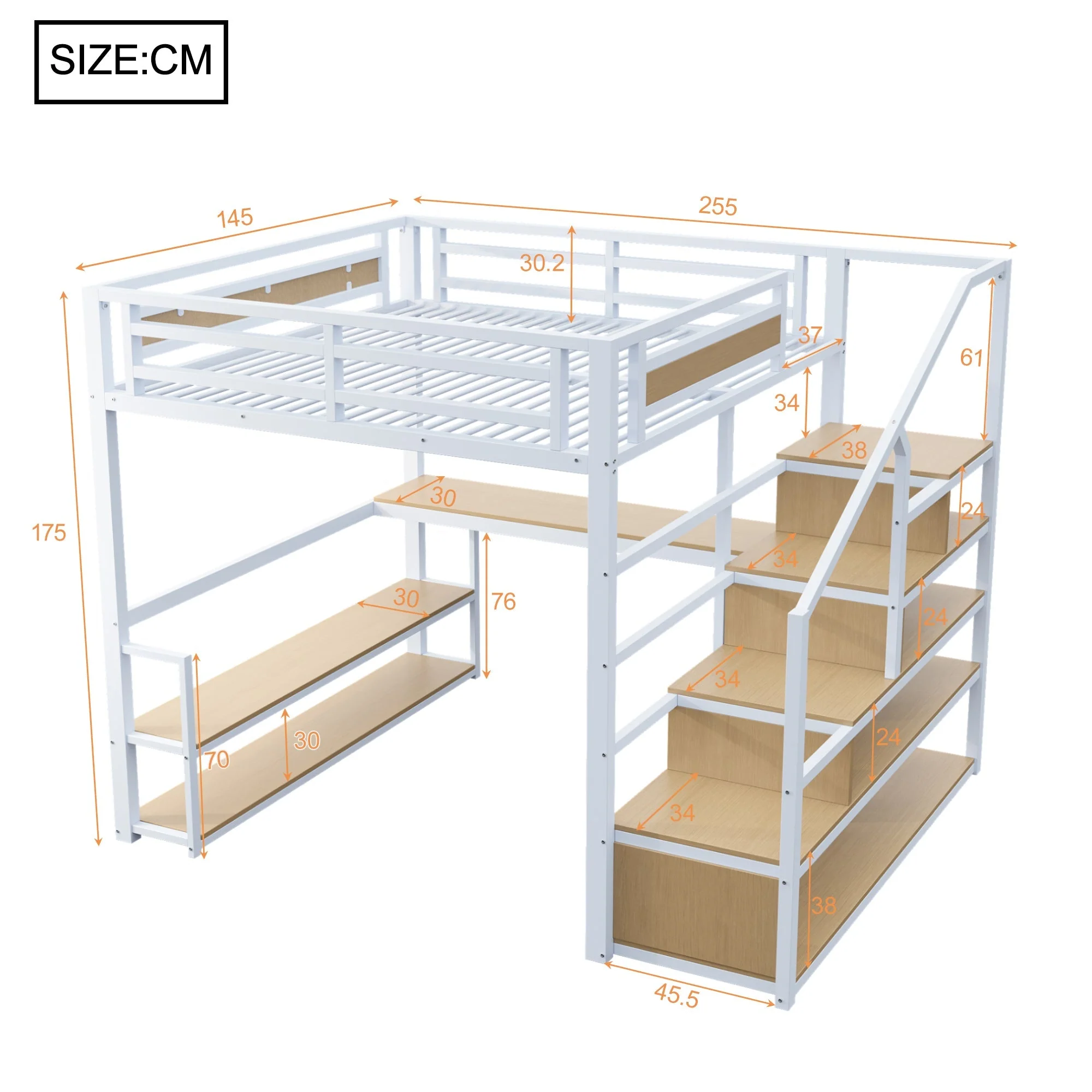 Metal Loft Bed with Storage Ladder, Shelves and Table, 140x200cm, White Metal - Image 9