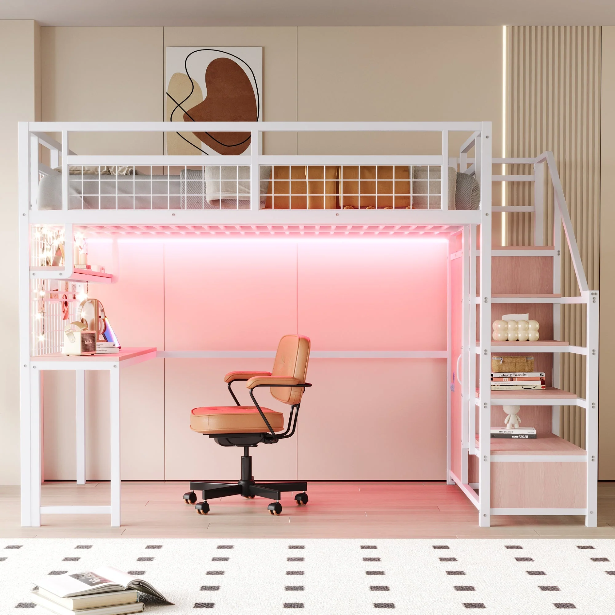 Metal Loft Bed with Storage Ladder, Wardrobe, Table and LED, 140x200cm, White Metal - Image 2