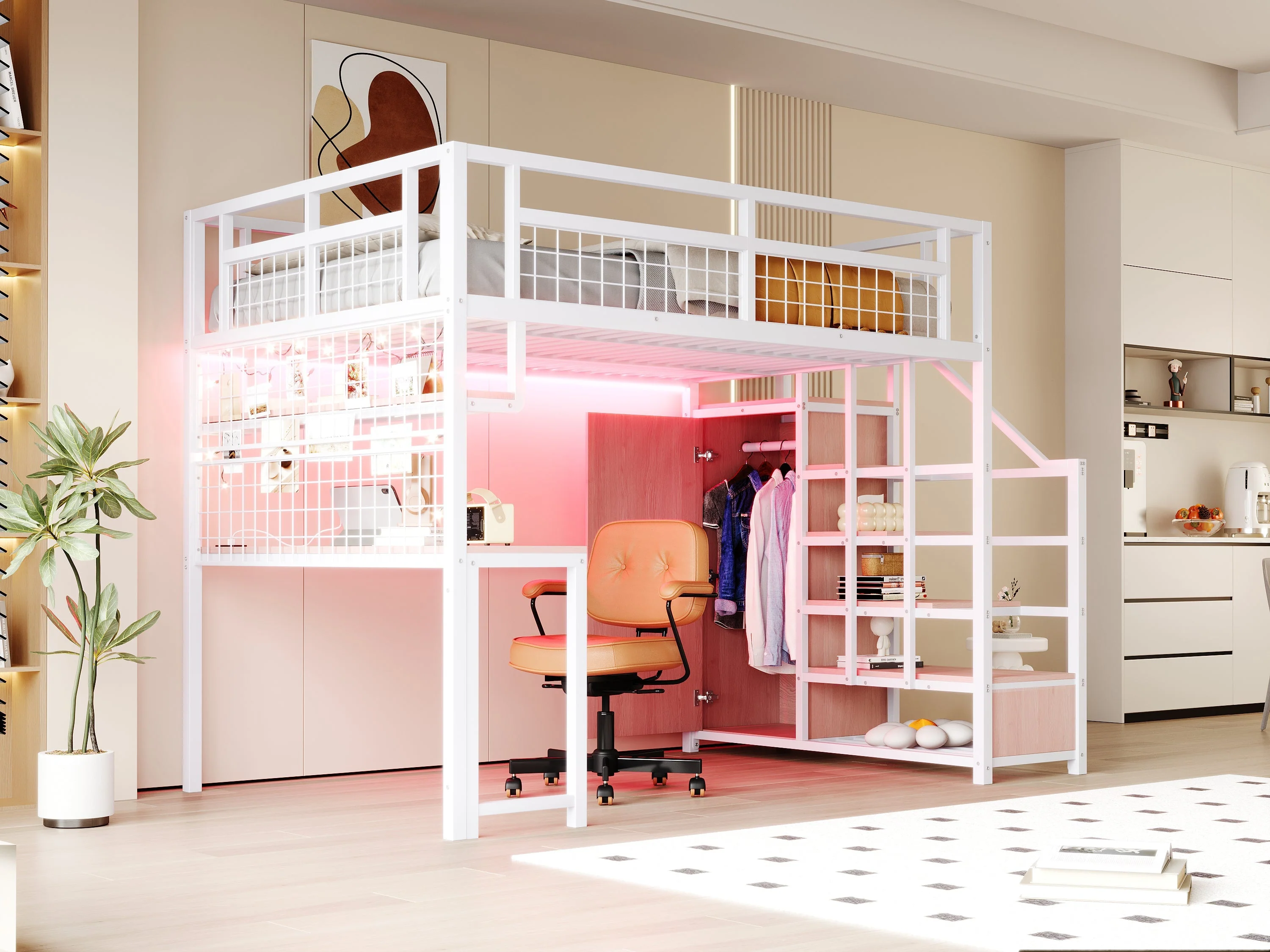Metal Loft Bed with Storage Ladder, Wardrobe, Table and LED, 140x200cm, White Metal - Image 7