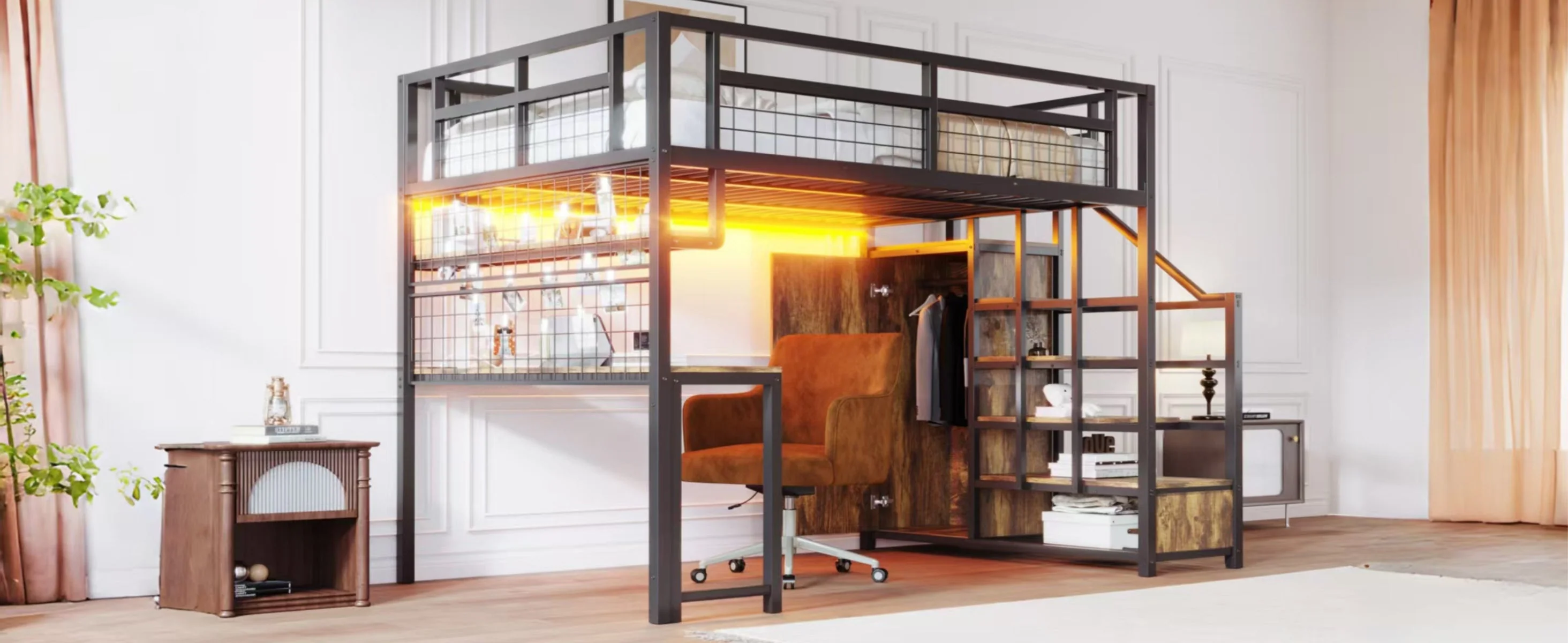 Metal Loft Bed with Storage Ladder, Wardrobe, Table, Shelf and LED, 140x200cm, Black Metal - Image 8