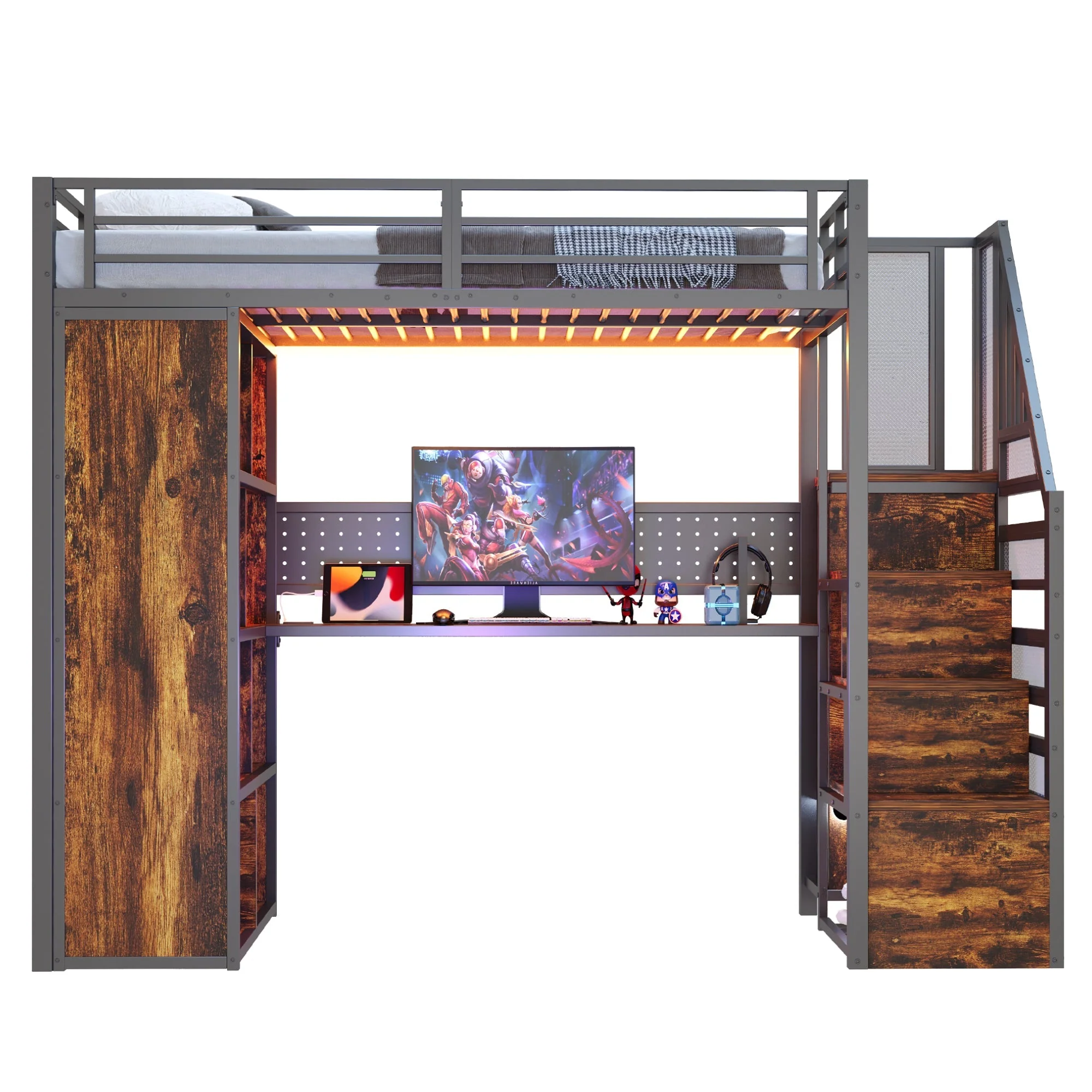 Metal Loft Bed with Wardrobe, Desk and LED Light Strip, Black Metal - Image 6