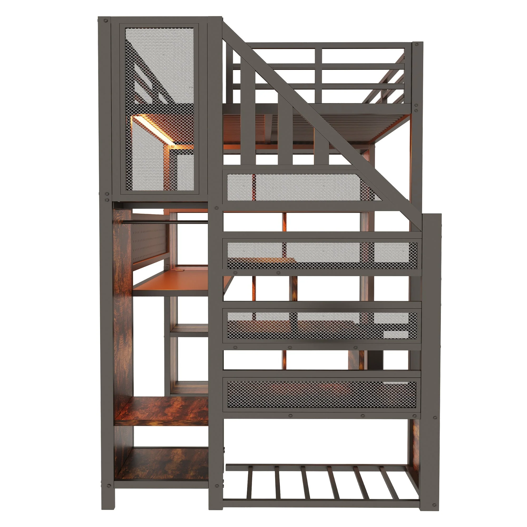 Metal Loft Bed with Wardrobe, Desk and LED Light Strip, Black Metal - Image 8