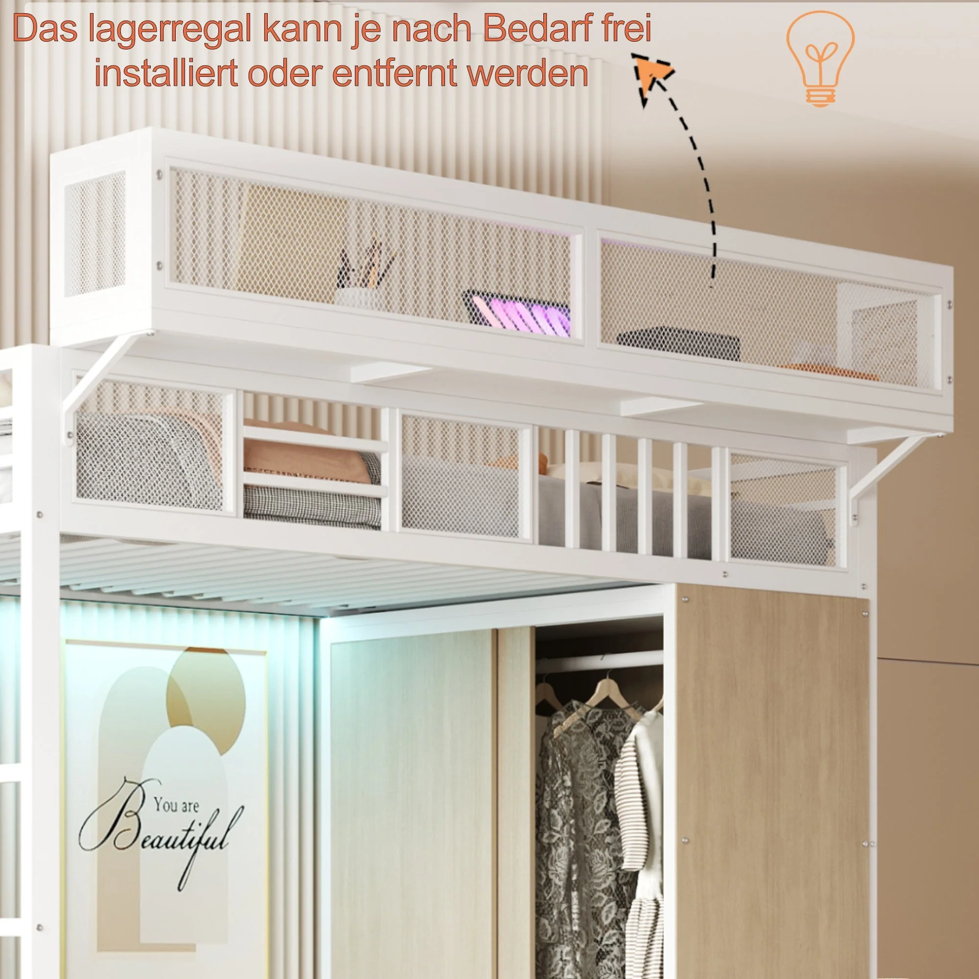 Metal Loft Bed with Wardrobe, Safety Ladder and LED Lighting, White - Image 4