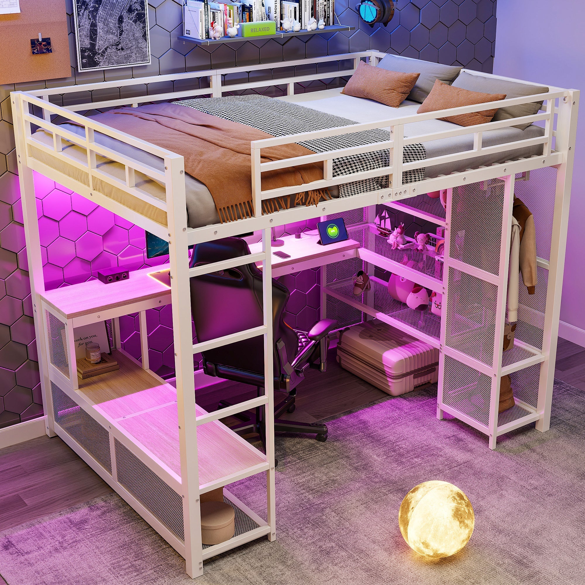 Metal Loft Bed with Wardrobe, USB Port and LED Lighting, White - Image 3