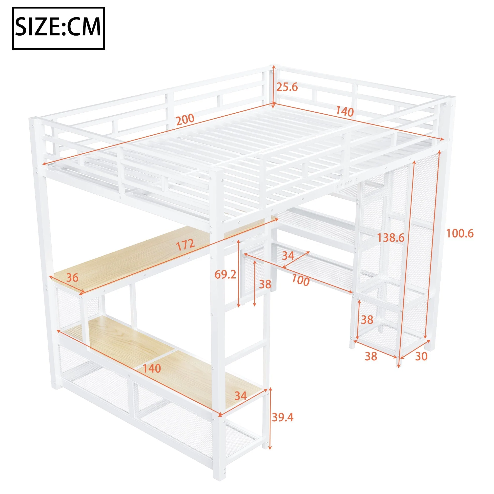 Metal Loft Bed with Wardrobe, USB Port and LED Lighting, White - Image 5