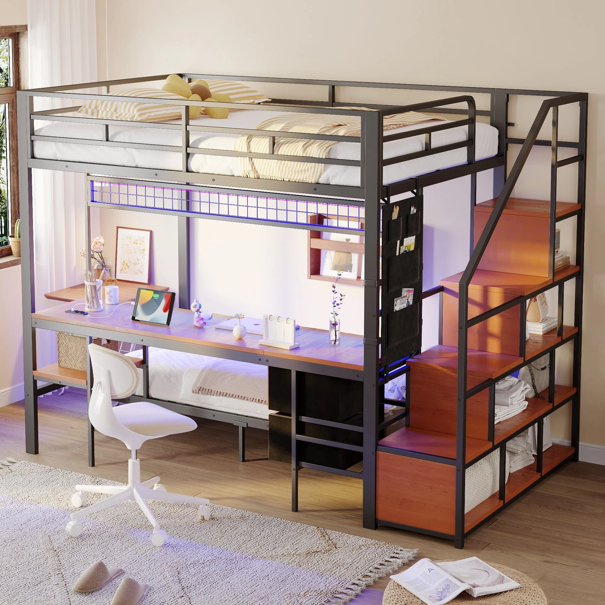 Metal Loft Bunk Bed Multifunctional with Desk LED Light Power Outlets Storage 140x200/90x200 Black