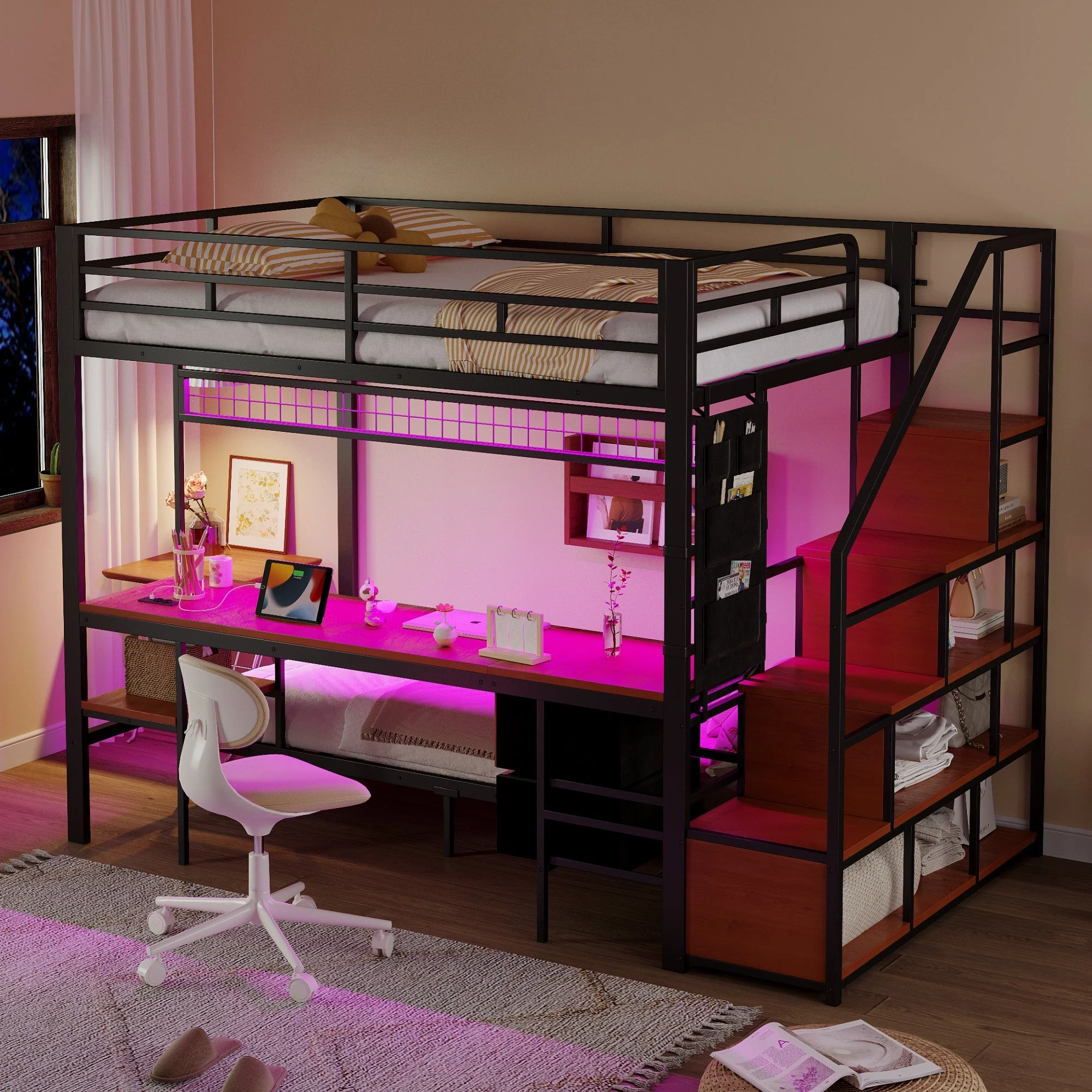 Metal Loft Bunk Bed Multifunctional with Desk LED Light Power Outlets Storage 140x200/90x200 Black - Image 2