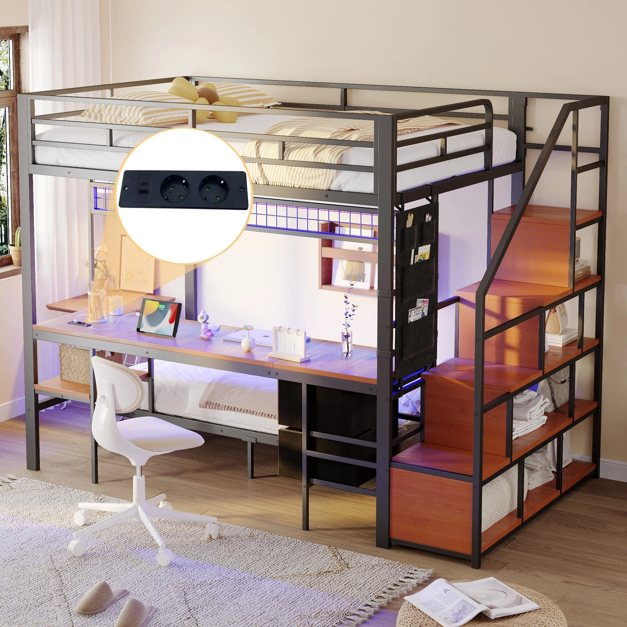 Metal Loft Bunk Bed Multifunctional with Desk LED Light Power Outlets Storage 140x200/90x200 Black - Image 3