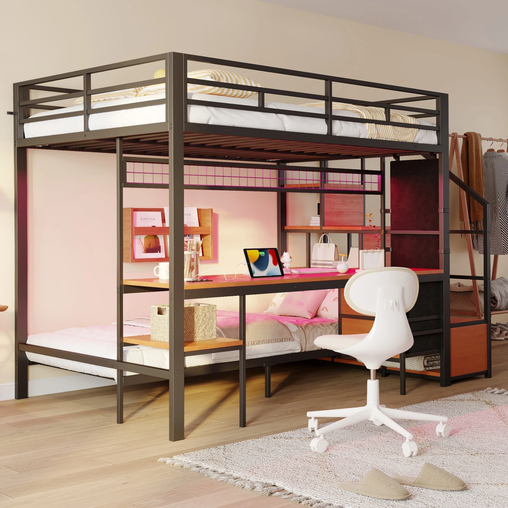 Metal Loft Bunk Bed Multifunctional with Desk LED Light Power Outlets Storage 140x200/90x200 Black - Image 6