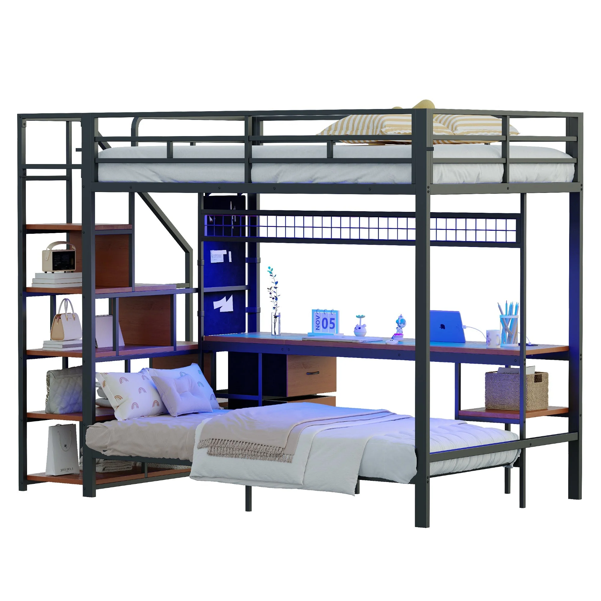 Metal Loft Bunk Bed Multifunctional with Desk LED Light Power Outlets Storage 140x200/90x200 Black - Image 8