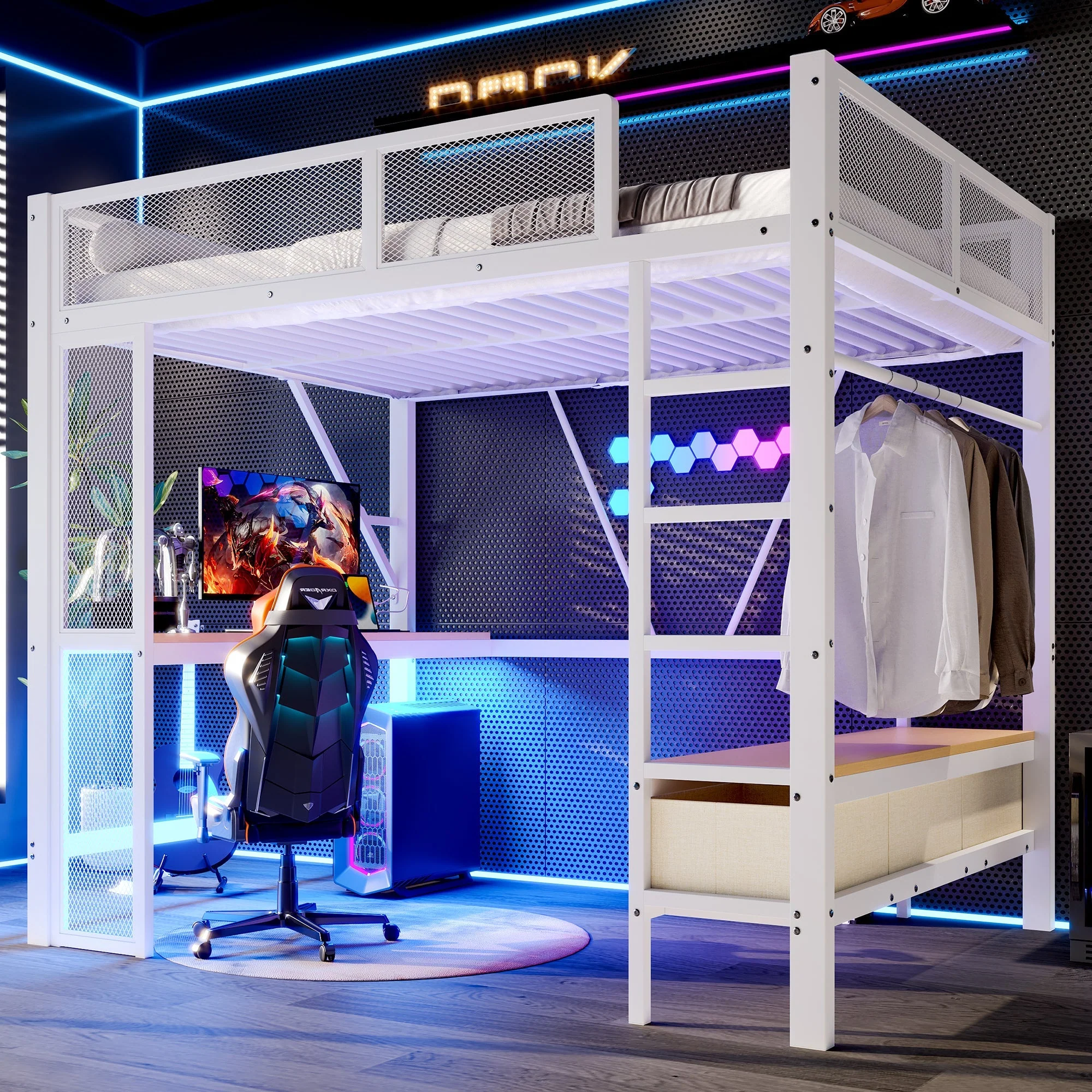 Metal Play Loft Bed 140x200cm, USB LED Desk Wardrobe Storage, White - Image 2