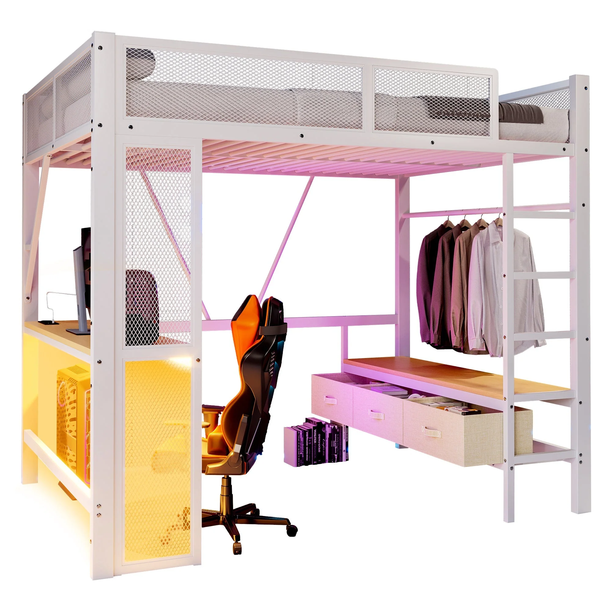 Metal Play Loft Bed 140x200cm, USB LED Desk Wardrobe Storage, White - Image 5