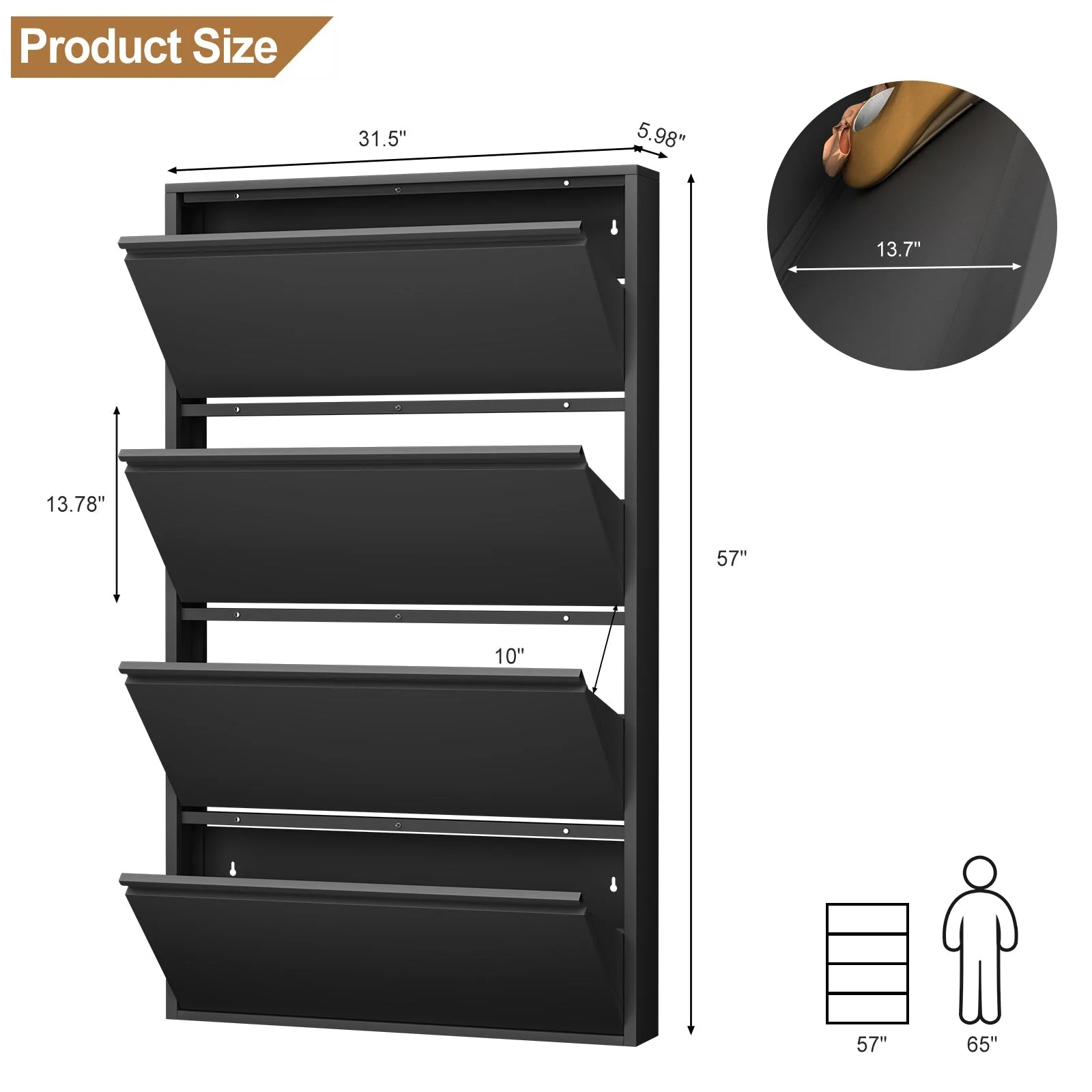 Metal Shoe Cabinet 4 Flip Drawers Narrow Wall Mount Black - Image 2