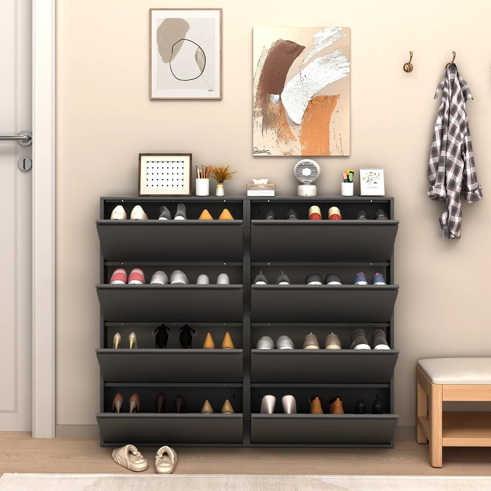 Metal Shoe Cabinet 4 Flip Drawers Narrow Wall Mount Black - Image 5