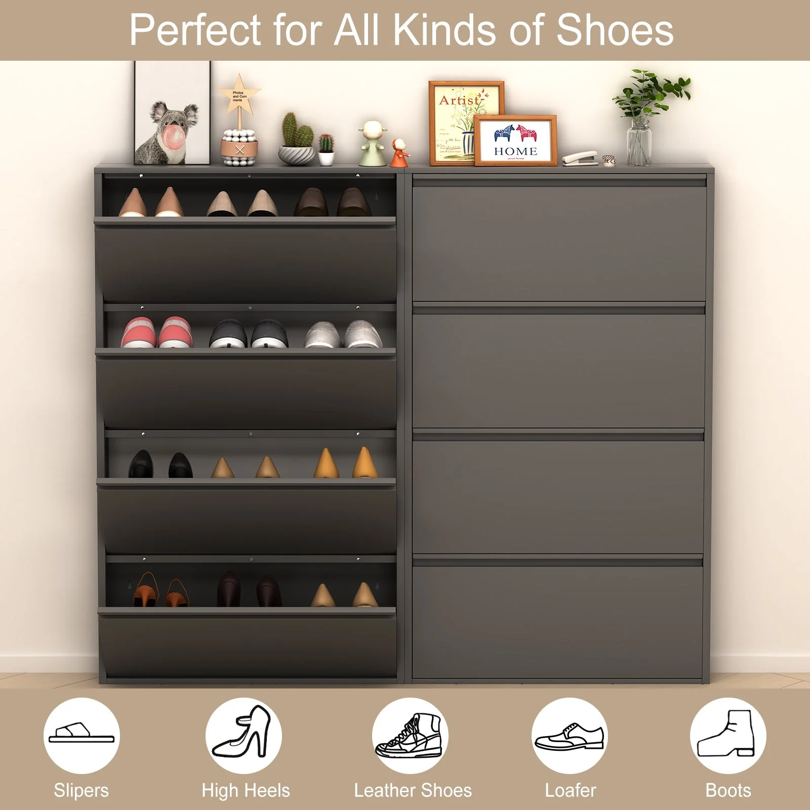 Metal Shoe Cabinet 4 Flip Drawers Narrow Wall Mount Black - Image 6
