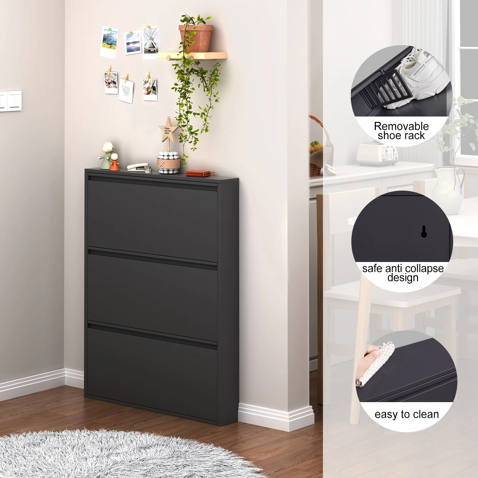Metal Shoe Cabinet with 3 Flip Drawers and Wall Mount for Entryway, Black Metal - Image 4