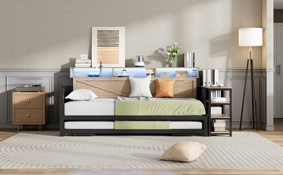 Metal Sofa Bed with Adjustable Pull-Out Bed, Storage Cabinet and LED Lighting, Black - Image 10