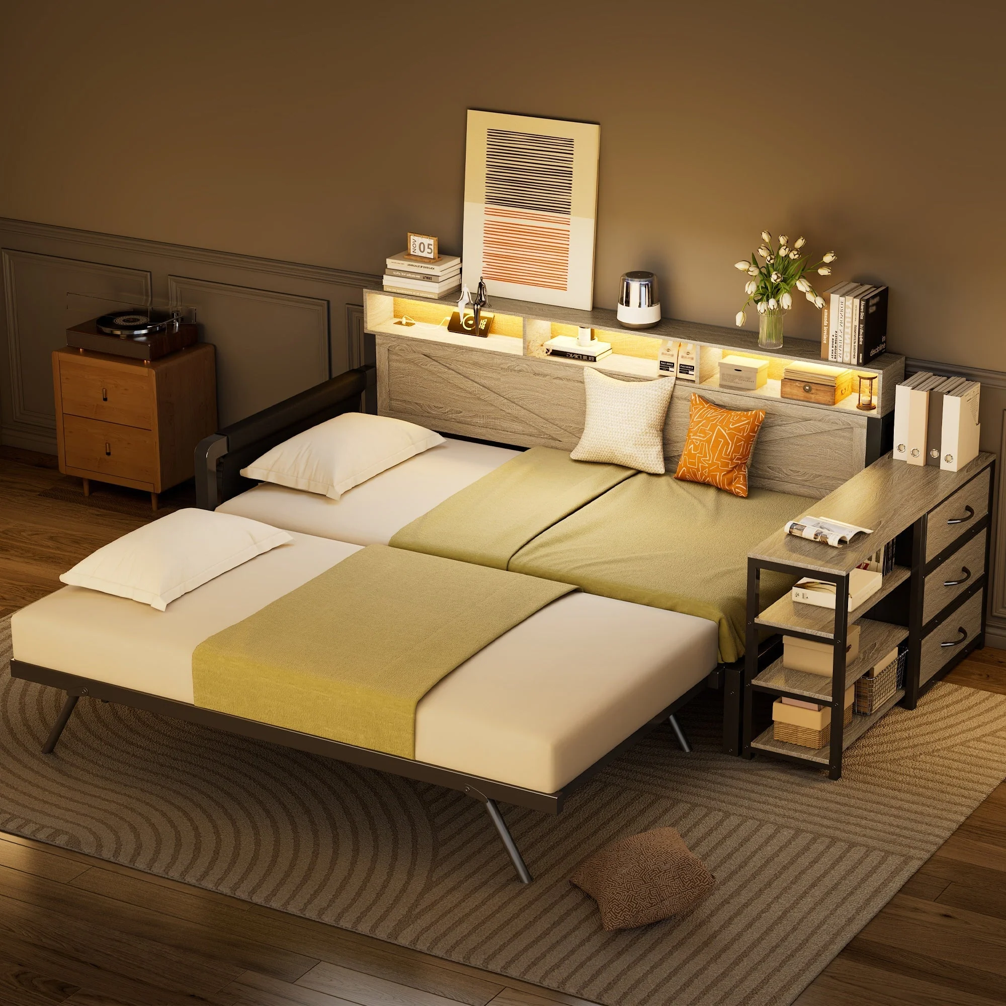 Metal Sofa Bed with Adjustable Pull-Out Bed, Storage Cabinet and LED Lighting, Black - Image 3