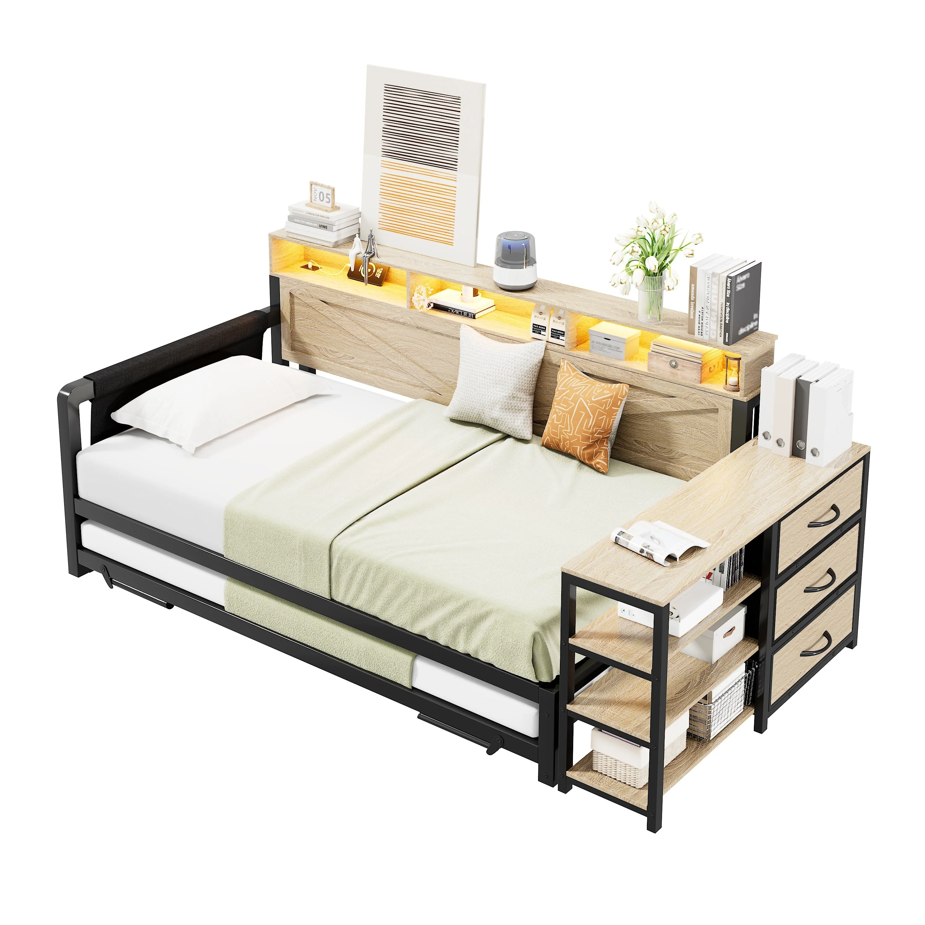 Metal Sofa Bed with Adjustable Pull-Out Bed, Storage Cabinet and LED Lighting, Black - Image 4