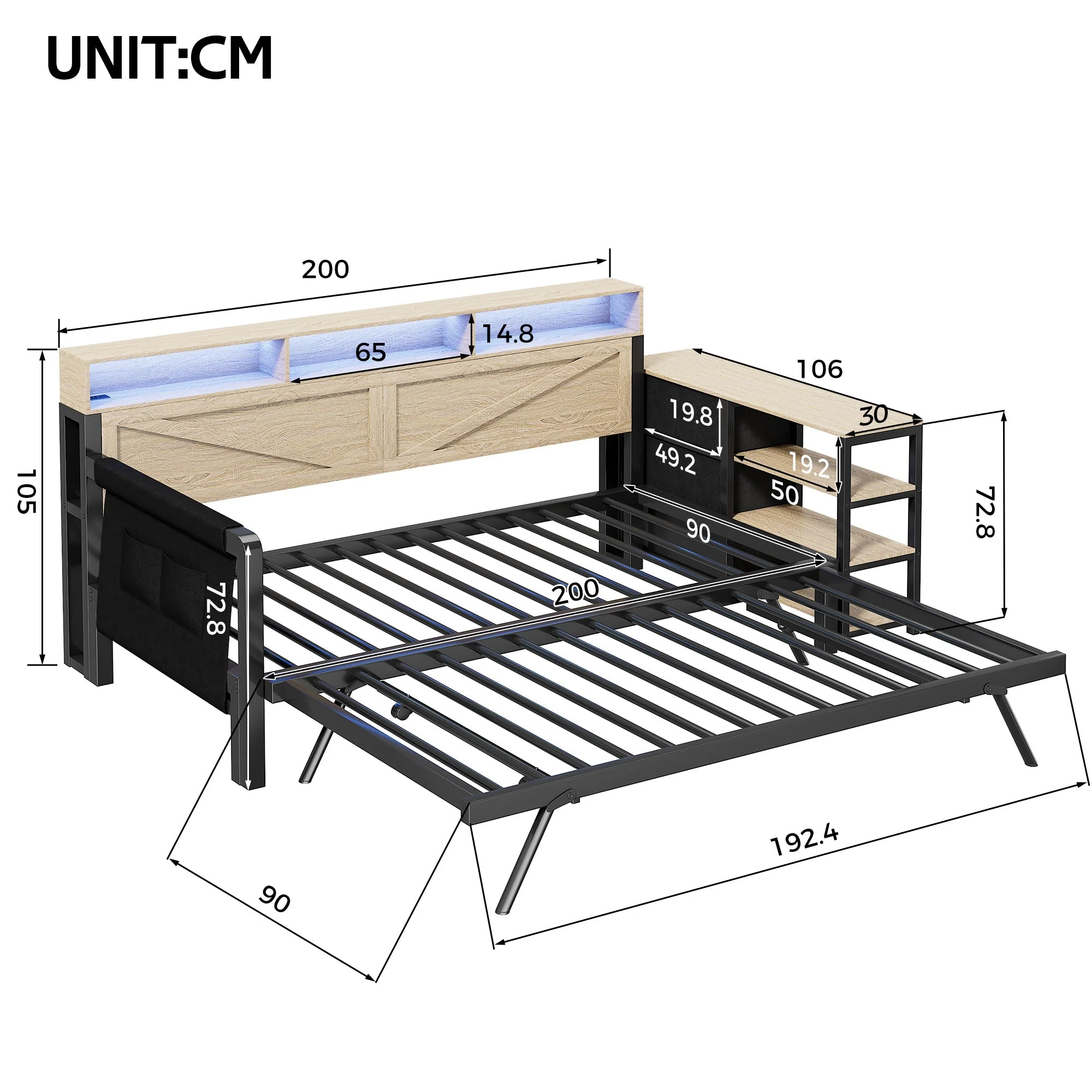 Metal Sofa Bed with Adjustable Pull-Out Bed, Storage Cabinet and LED Lighting, Black - Image 5