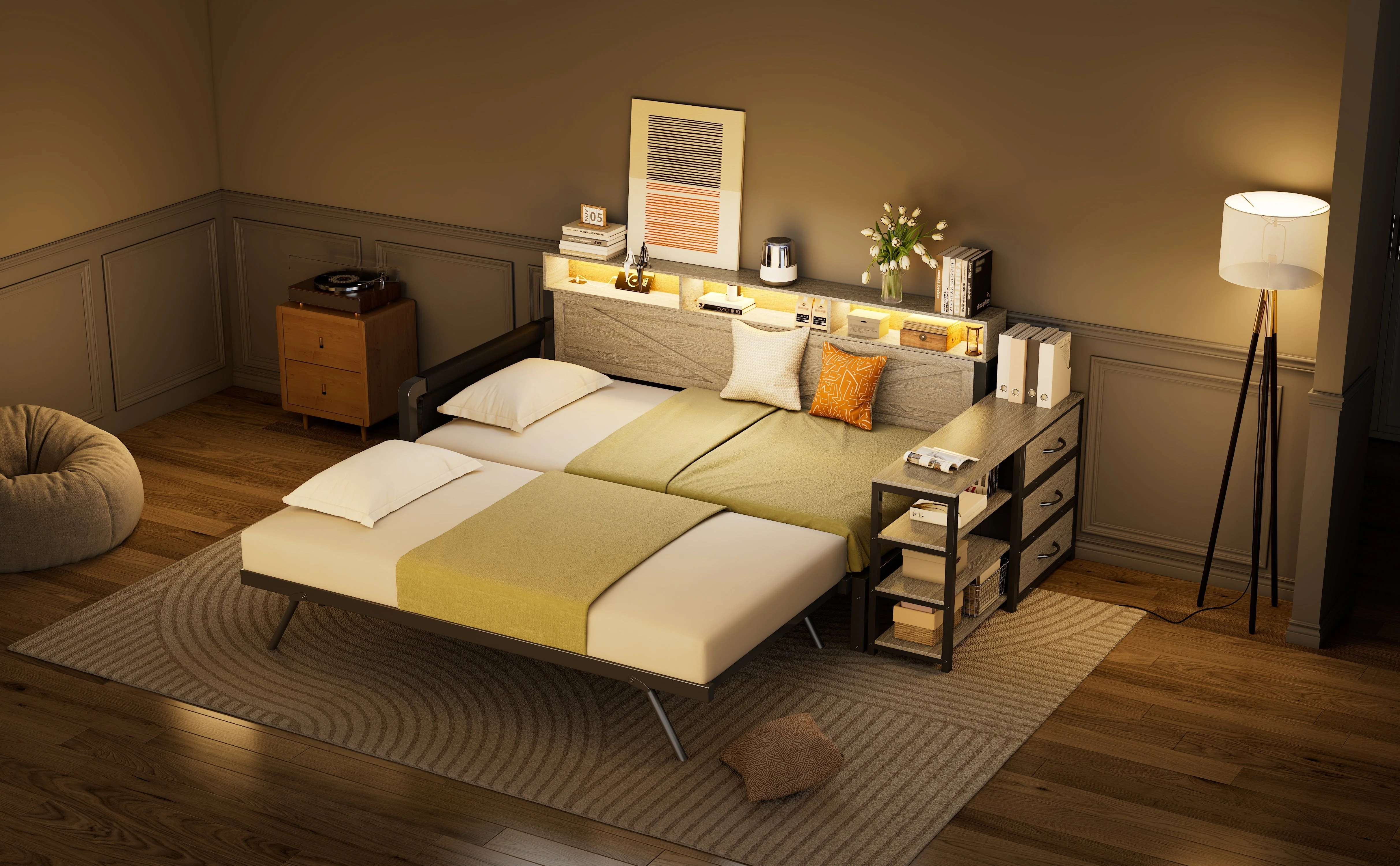 Metal Sofa Bed with Adjustable Pull-Out Bed, Storage Cabinet and LED Lighting, Black - Image 6