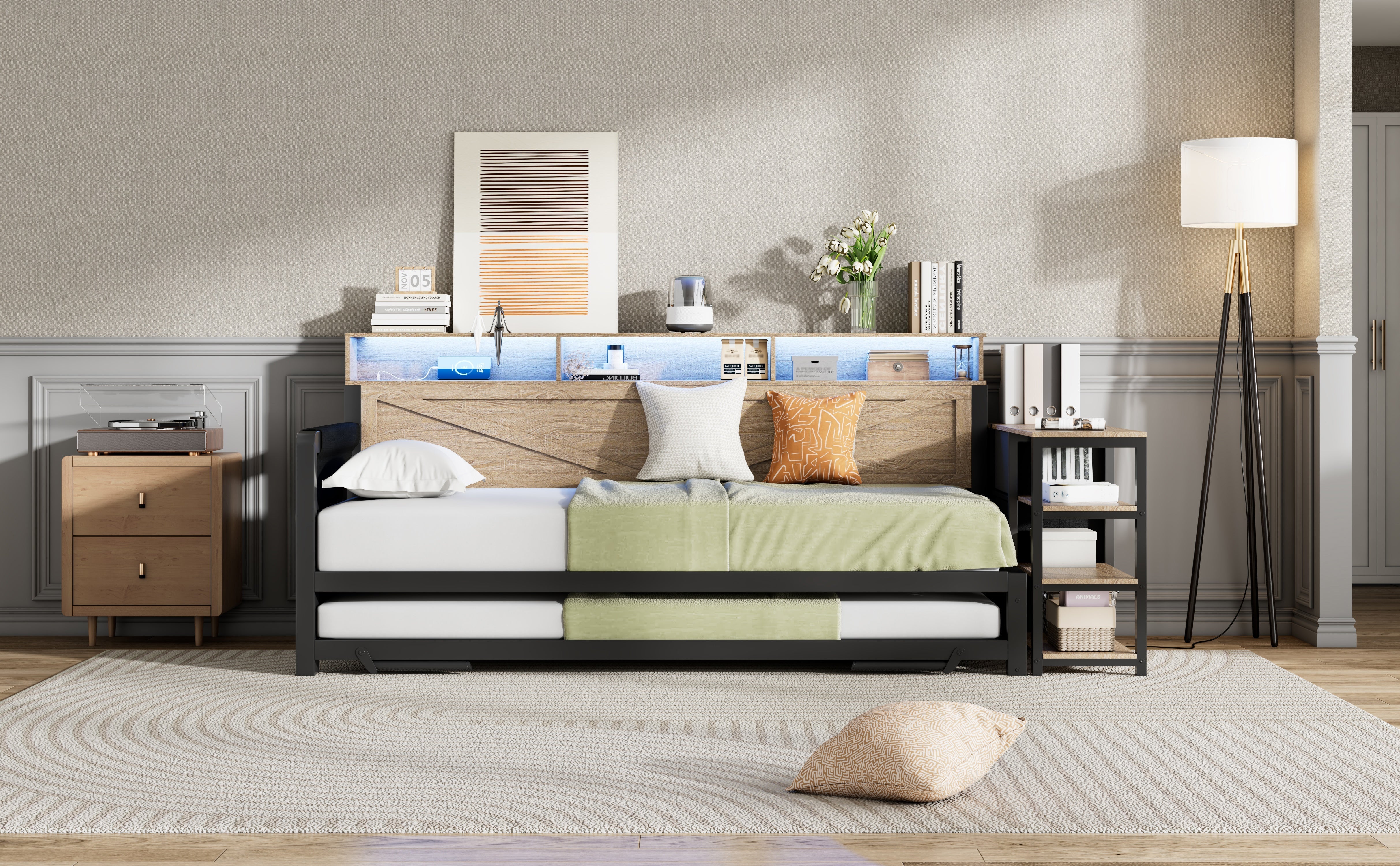 Metal Sofa Bed with Adjustable Pull-Out Bed, Storage Cabinet and LED Lighting, Black - Image 7