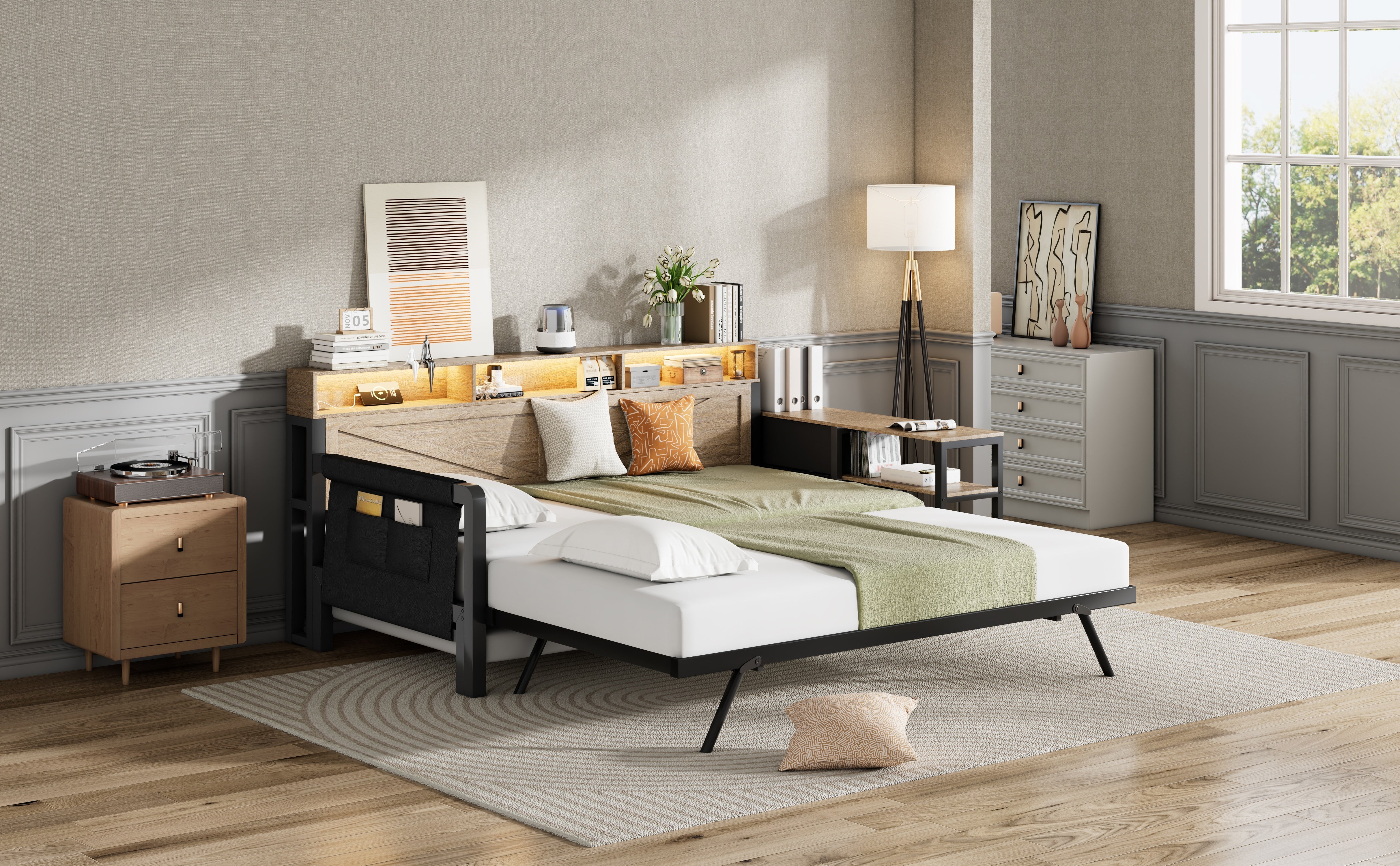 Metal Sofa Bed with Adjustable Pull-Out Bed, Storage Cabinet and LED Lighting, Black - Image 9