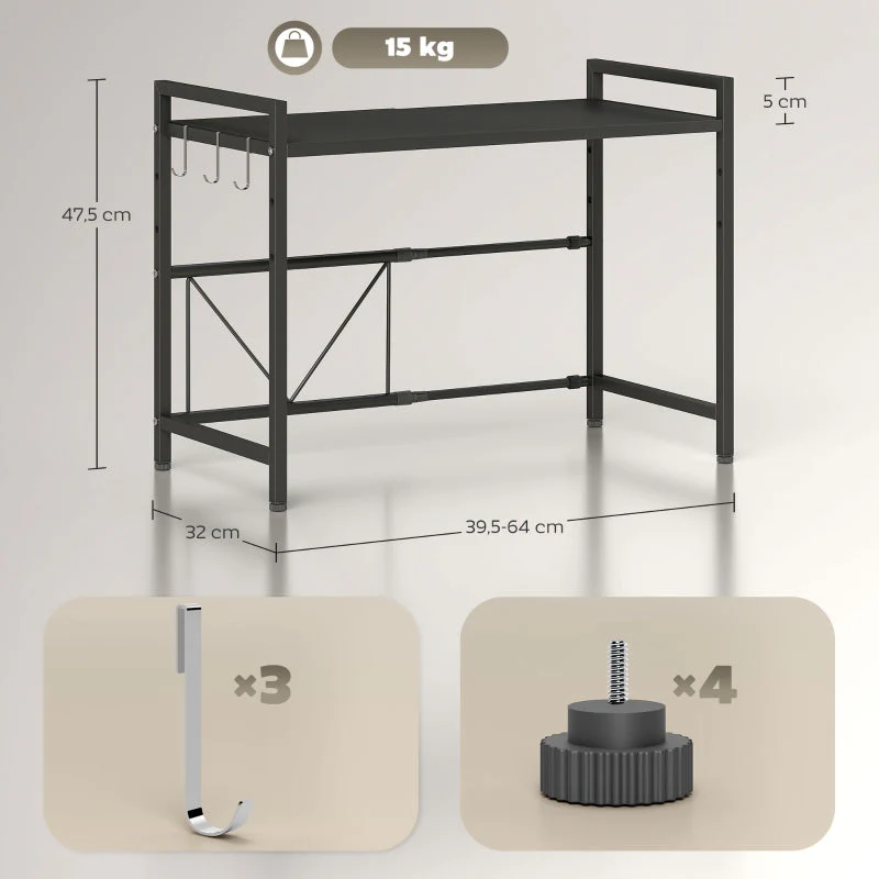 Microwave Shelf Expandable with 3 Hooks, Metal, Black - Image 2