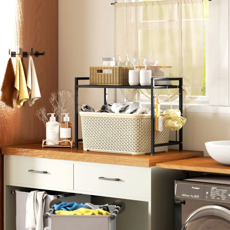 Microwave Shelf Expandable with 3 Hooks, Metal, Black - Image 7
