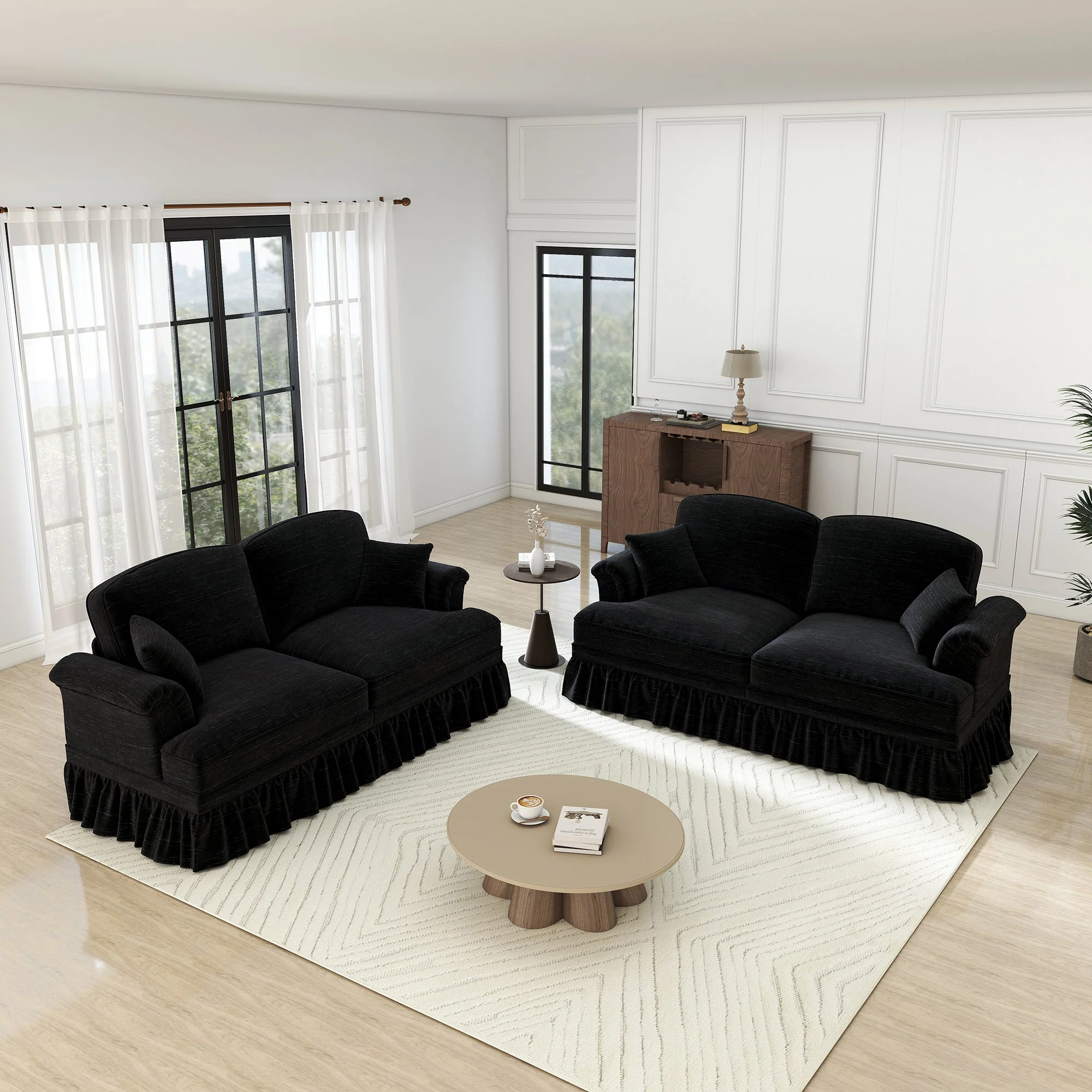 Mid-Century L-Shaped 2-Seater Sofa with Movable Ottoman - Black Chenille - Image 4