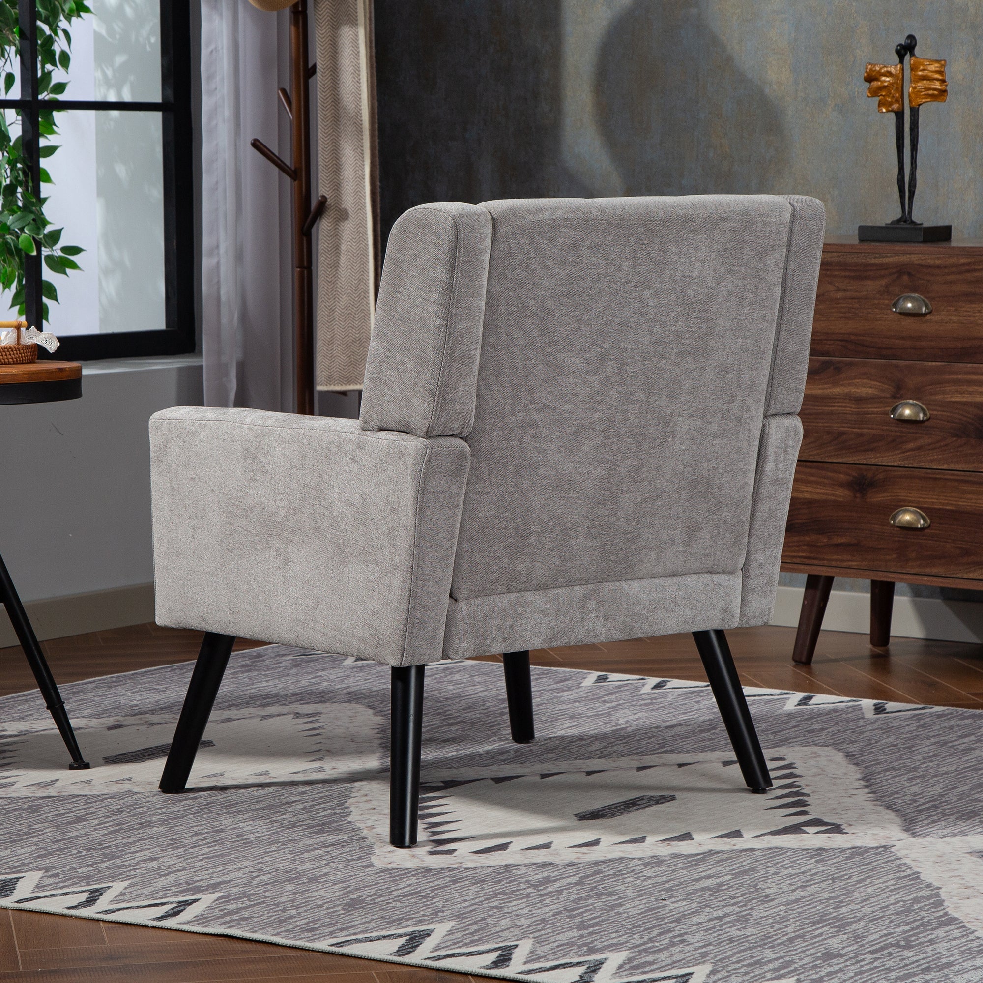 Mid-Century Modern Armchair with Buttoned Padding and Solid Wood Legs, Black Suede - Image 2