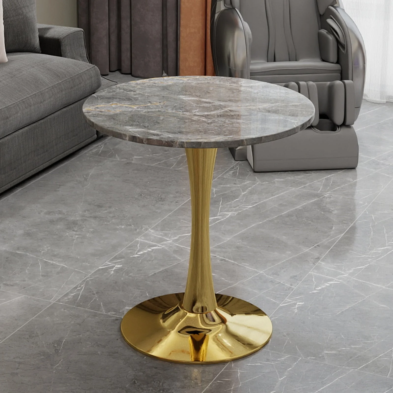 Mid-Century Modern Coffee Table Round Marble Top 27.6-inch - Gold/Gray
