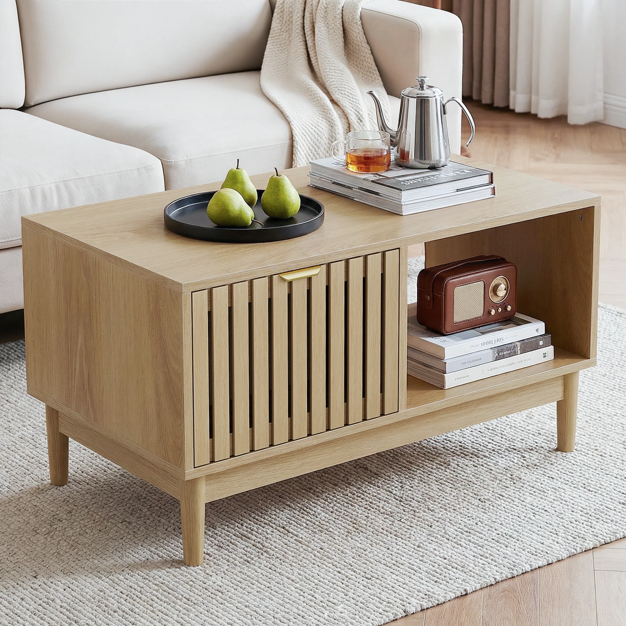 Mid-Century Modern Coffee Table with Drawer and Open Shelves, 80cm, Oak Color - Image 4