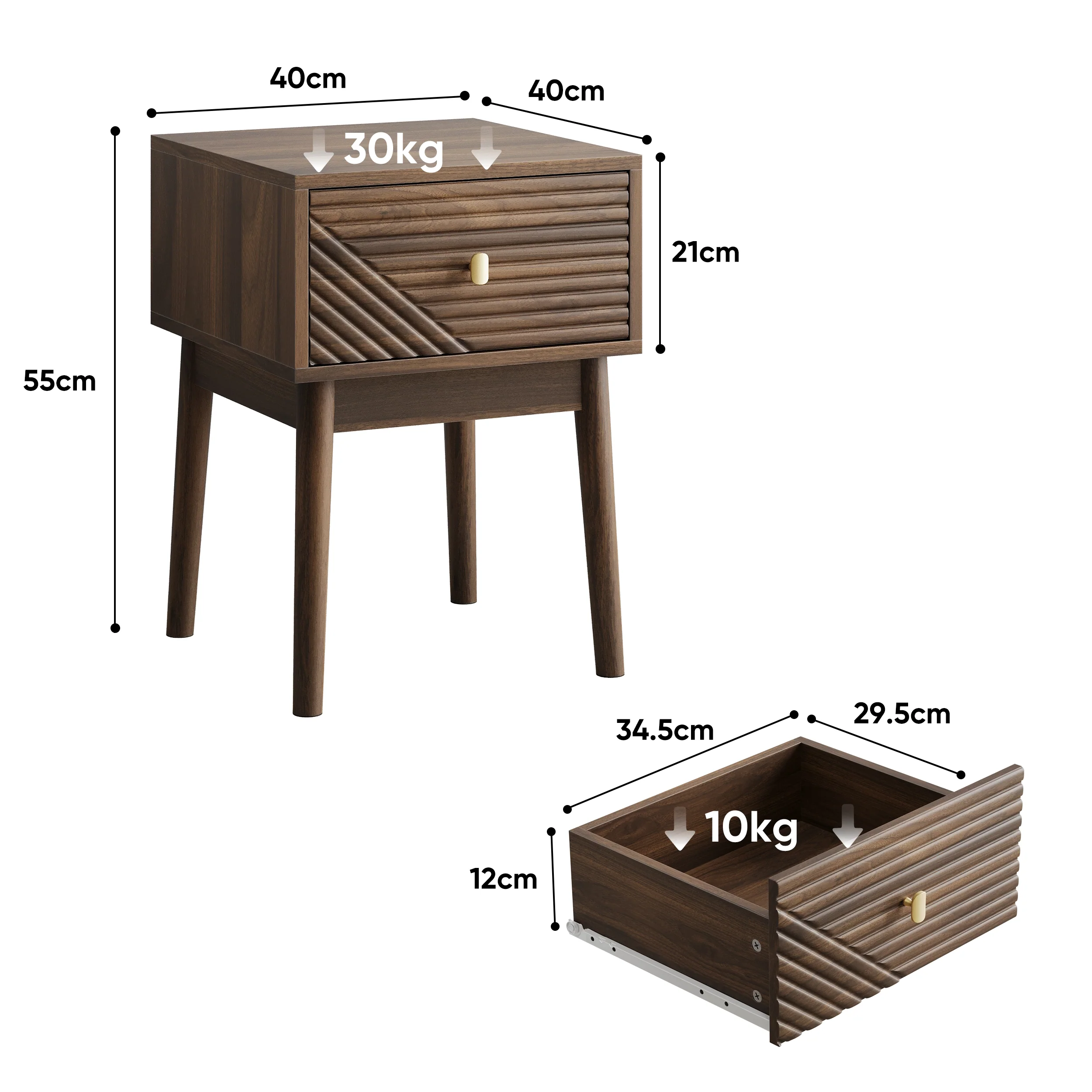 Mid-Century Modern Nightstand 2-Piece Set with Metal Handles - Walnut - Image 2