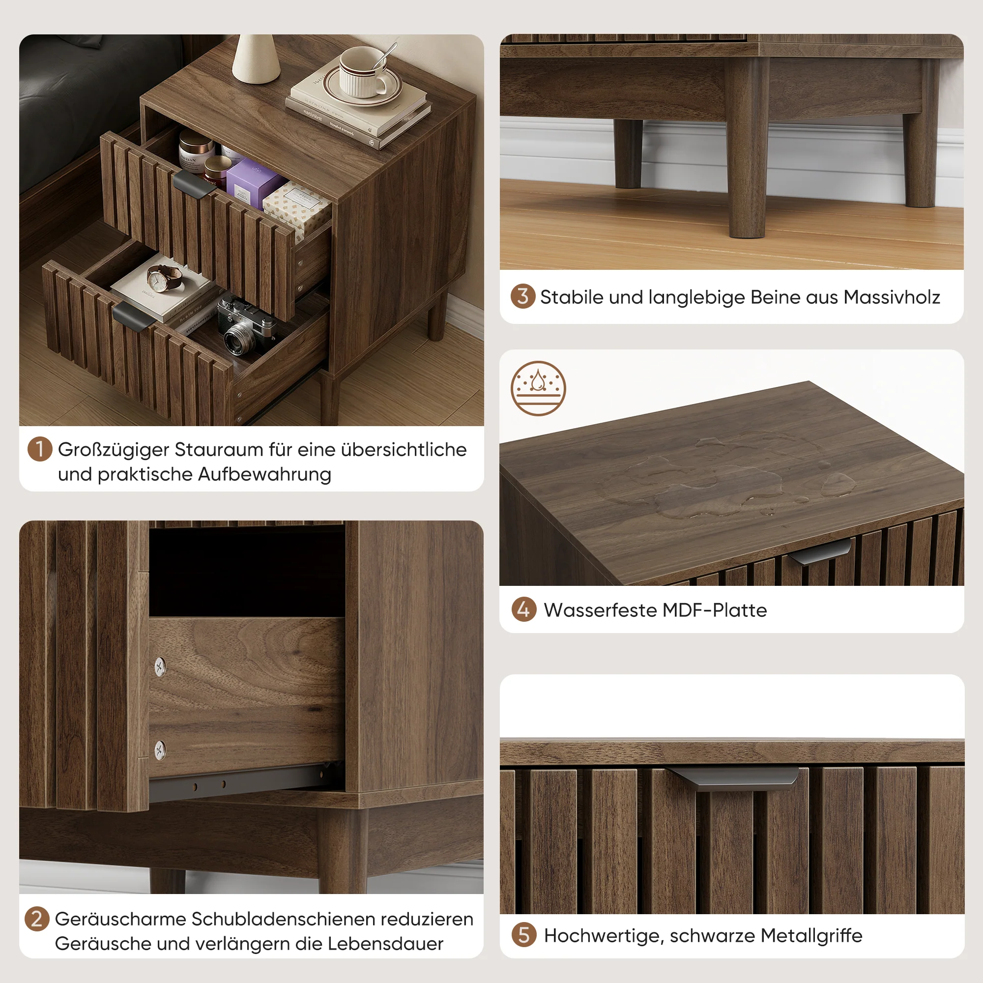 Mid-Century Modern Nightstand with Two Drawers and Slatted Design, 45 x 39 x 56.5 cm, Walnut Wood - Image 6