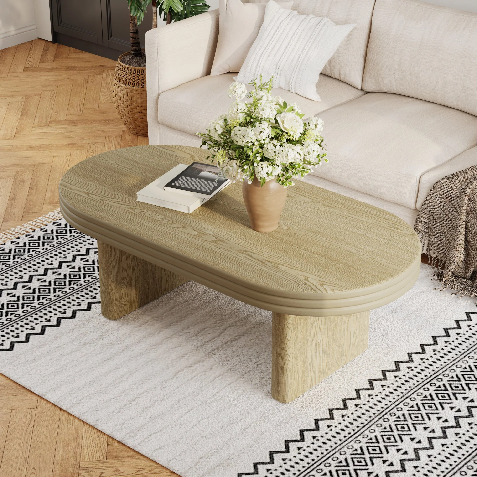 Mid Century Modern Oval Fluted Coffee Table Rustic Wood 120cm - Natural - Image 2