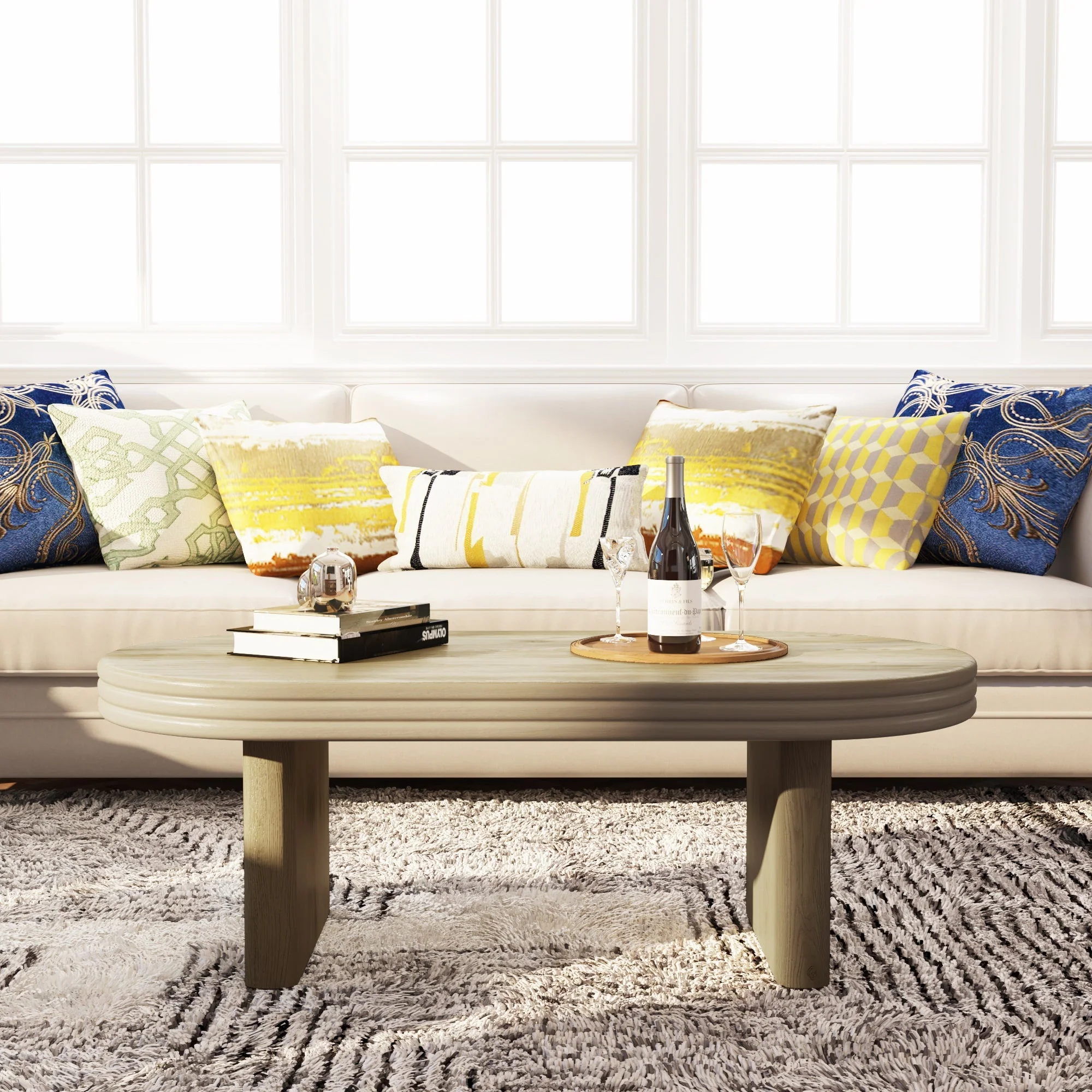 Mid Century Modern Oval Fluted Coffee Table Rustic Wood 120cm - Natural - Image 3