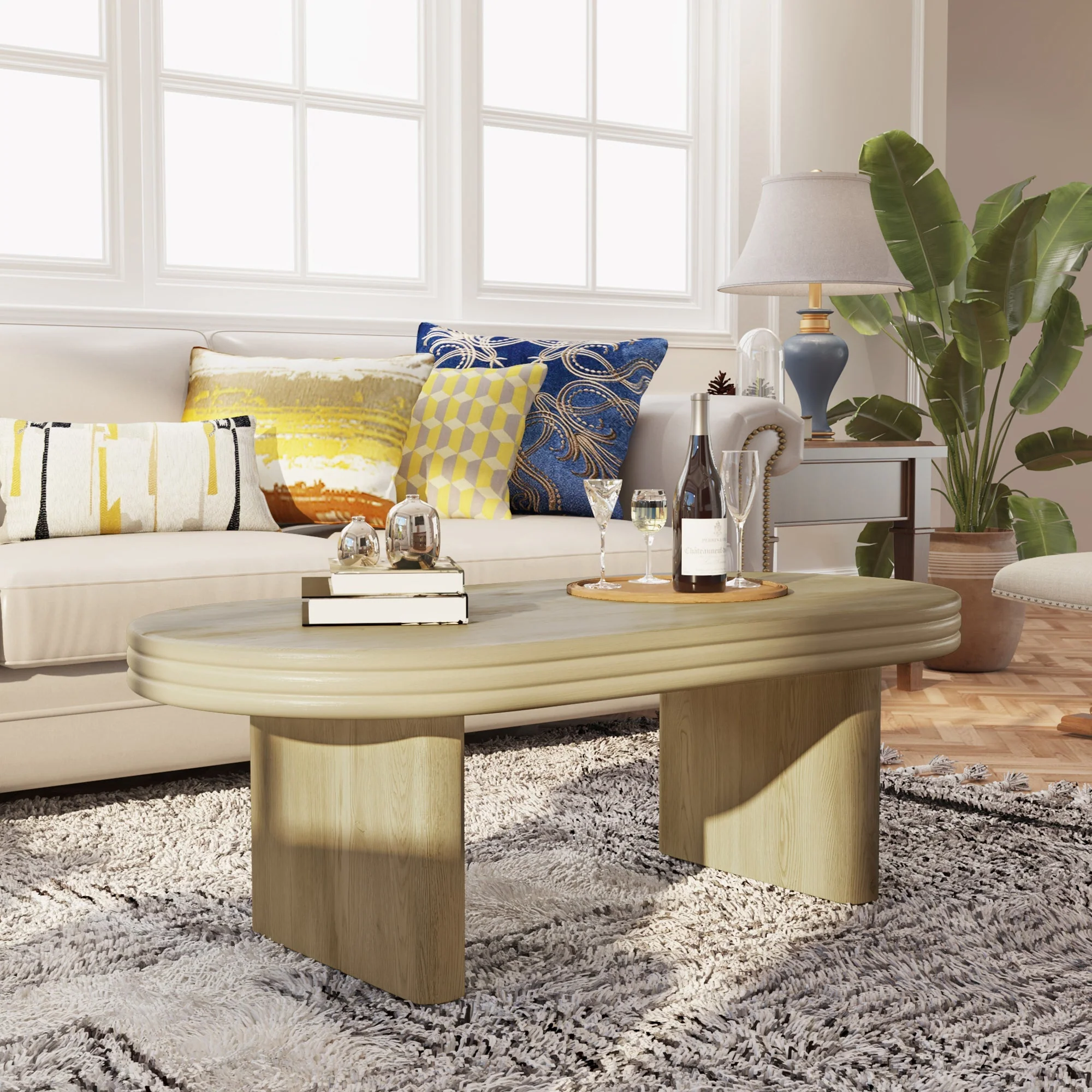 Mid Century Modern Oval Fluted Coffee Table Rustic Wood 120cm - Natural - Image 4
