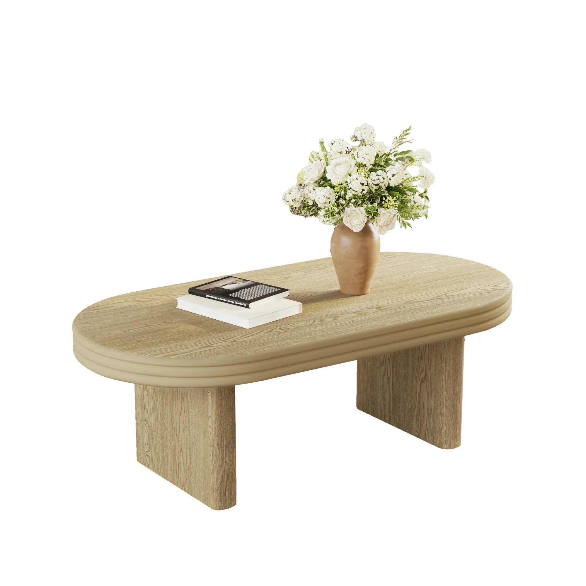 Mid Century Modern Oval Fluted Coffee Table Rustic Wood 120cm - Natural - Image 8
