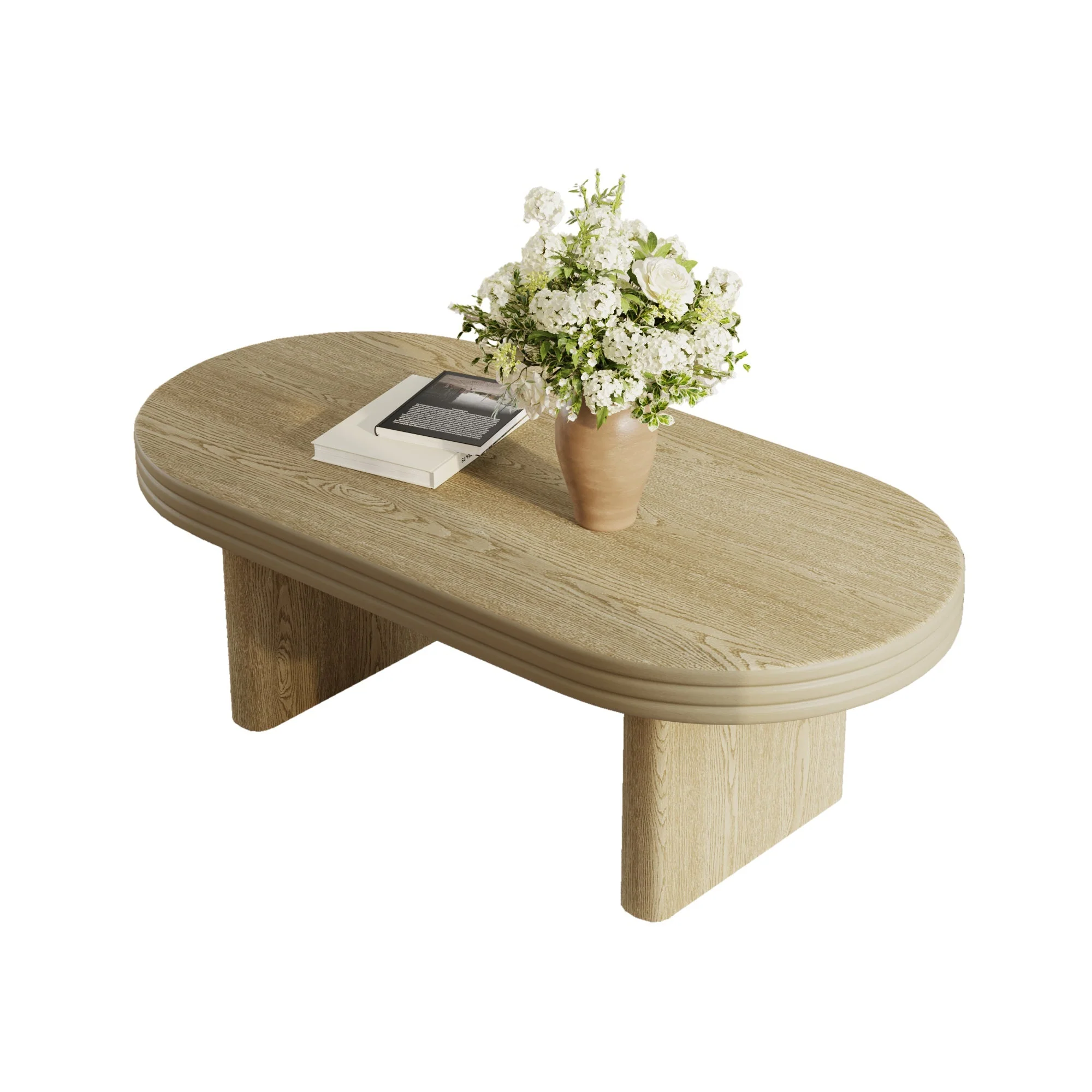 Mid Century Modern Oval Fluted Coffee Table Rustic Wood 120cm - Natural - Image 9
