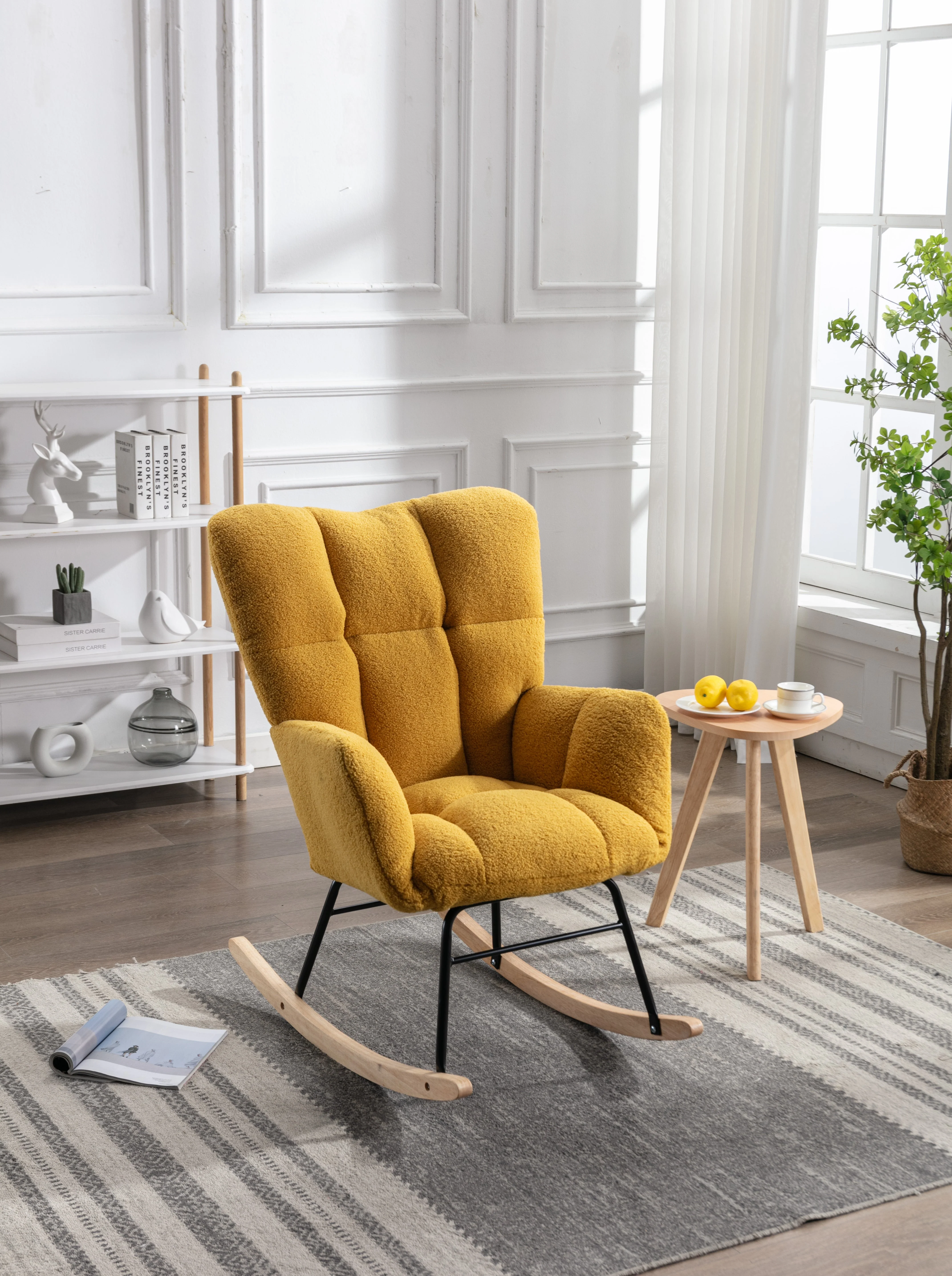 Mid Century Modern Rocking Chair, Teddy Fabric Tufted Upholstered, Padded Seat for Living Room Bedroom, Yellow - Image 2