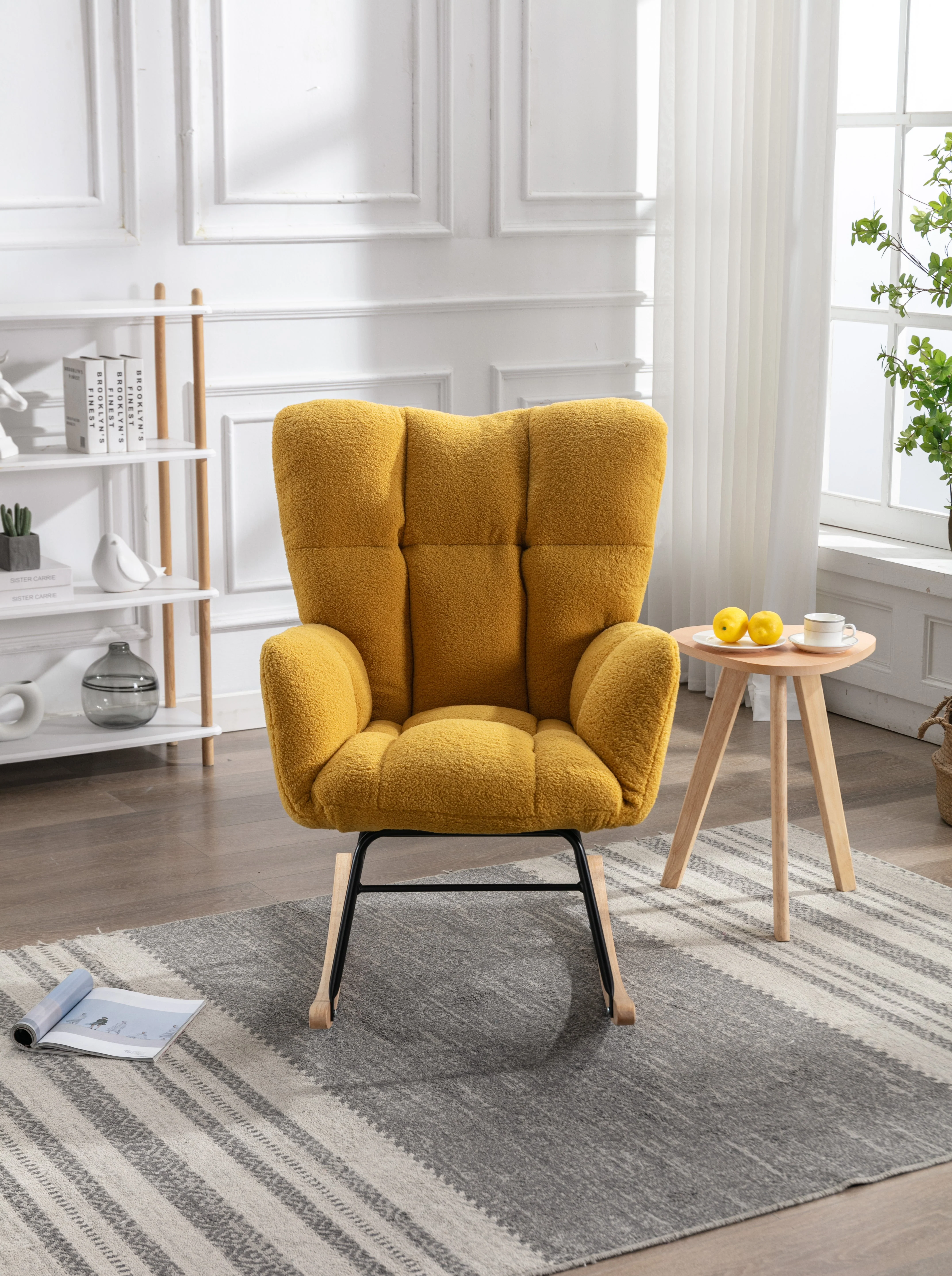 Mid Century Modern Rocking Chair, Teddy Fabric Tufted Upholstered, Padded Seat for Living Room Bedroom, Yellow - Image 3