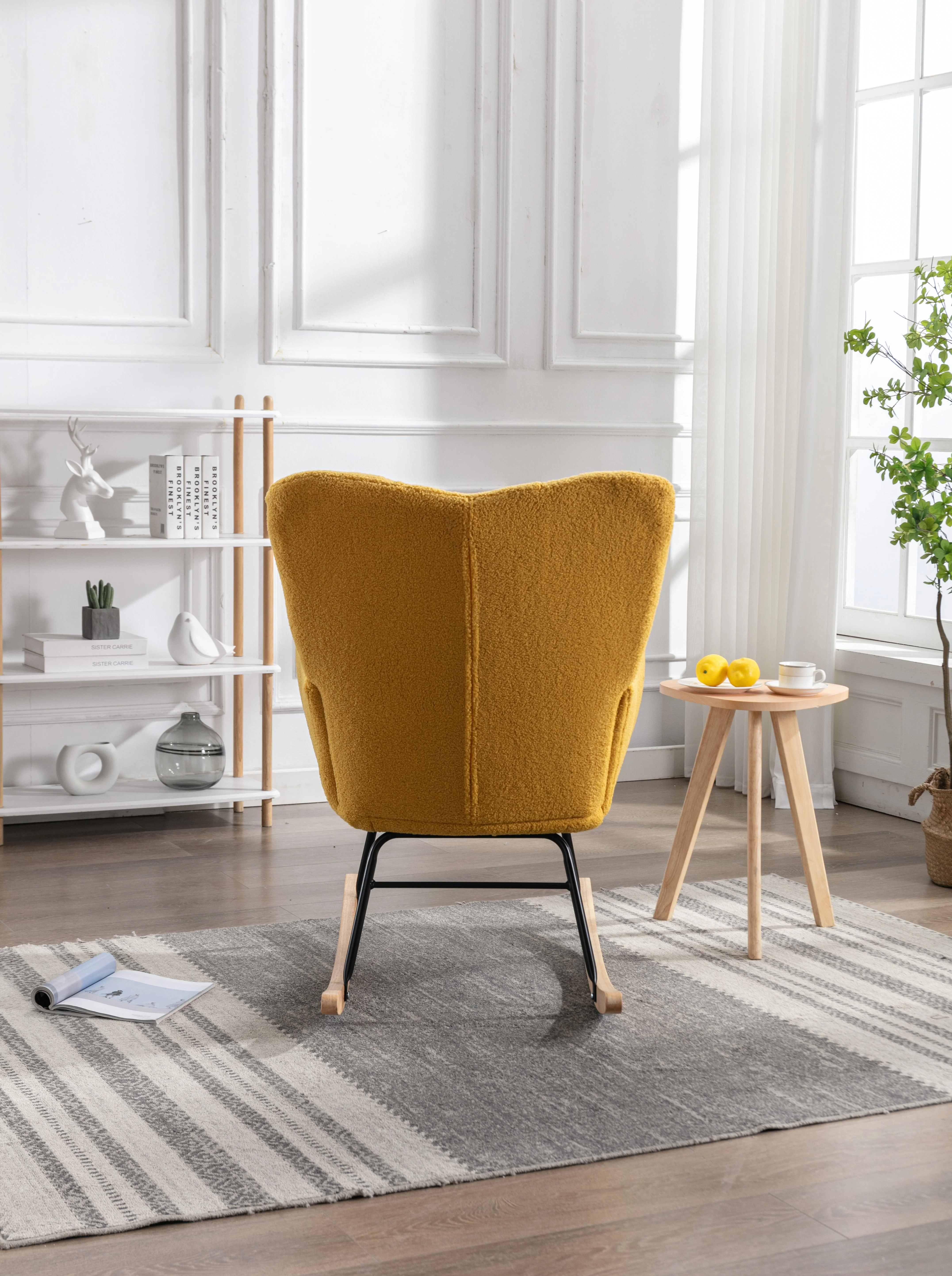 Mid Century Modern Rocking Chair, Teddy Fabric Tufted Upholstered, Padded Seat for Living Room Bedroom, Yellow - Image 4