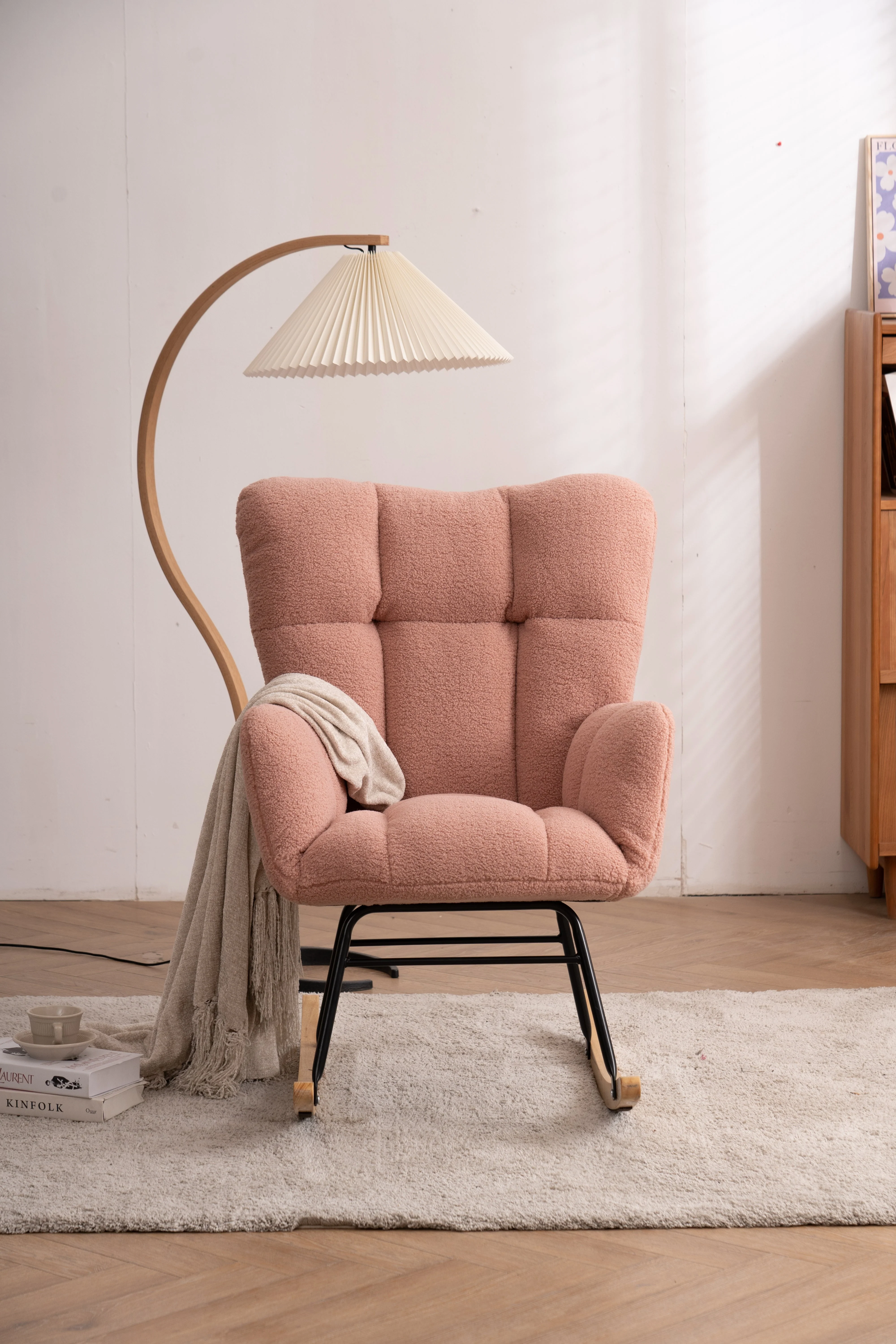 Mid Century Modern Rocking Chair, Teddy Fabric Tufted Upholstered, Padded Seat, Pink - Image 3