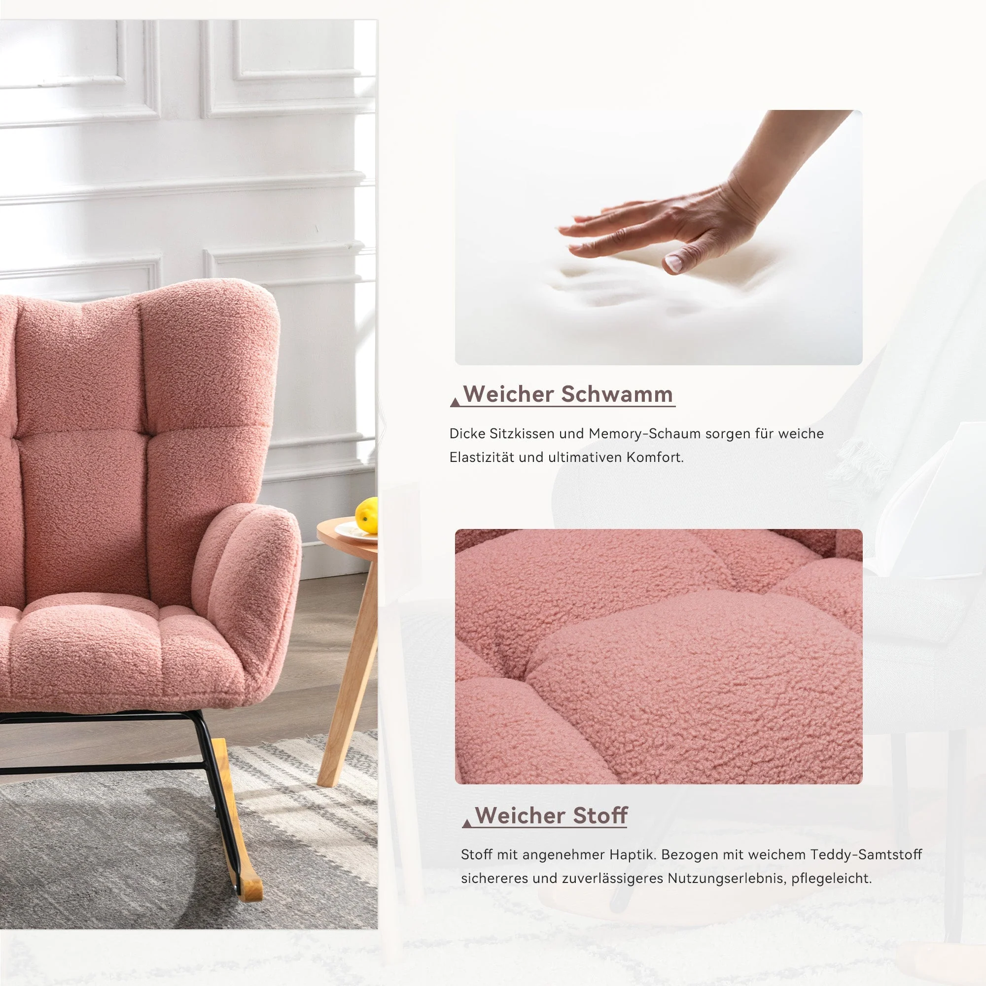 Mid Century Modern Rocking Chair, Tufted Teddy Fabric, Padded Seat, Pink - Image 4